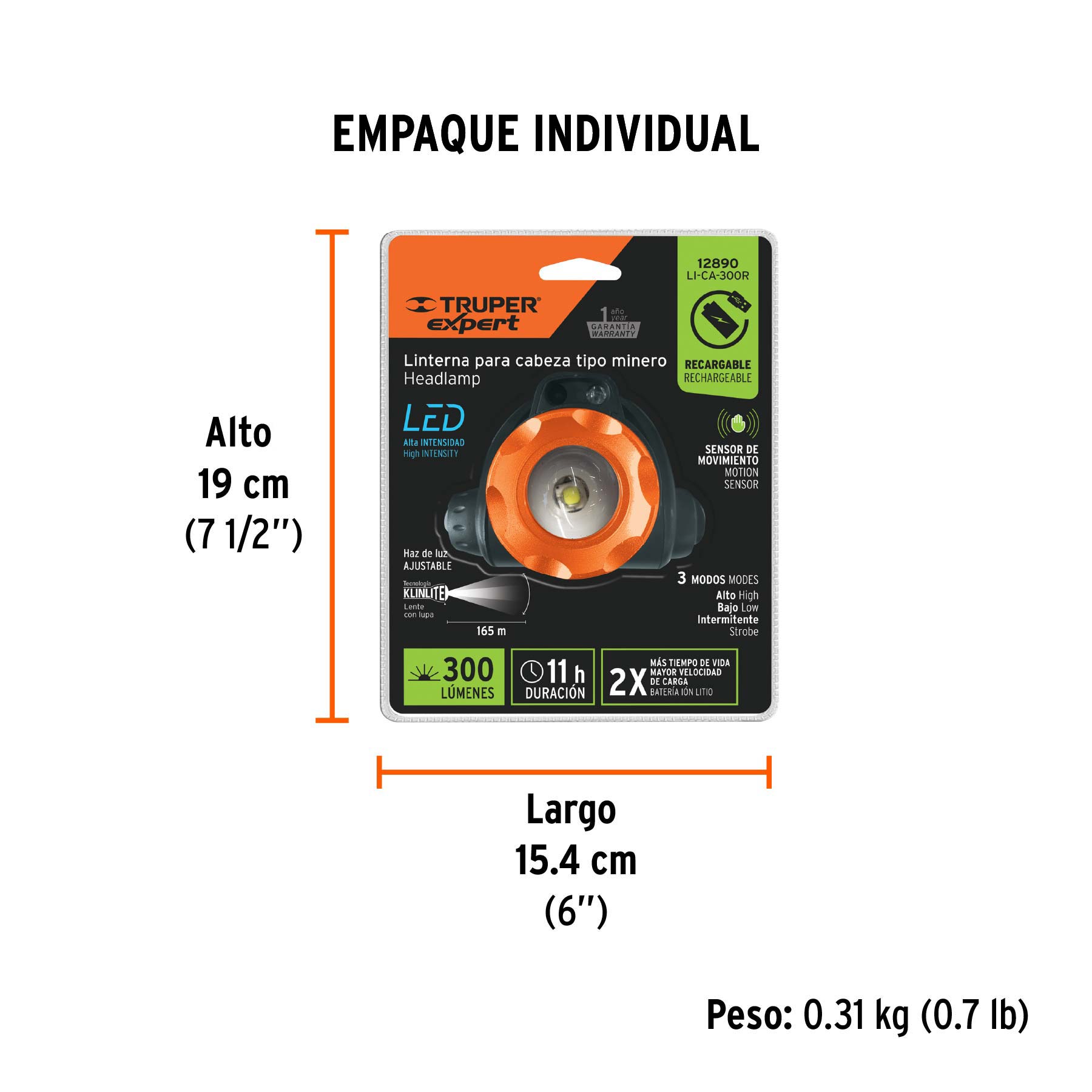 Linterna de minero LED 300 lm, recargable, TRUPER EXPERT - Empaque