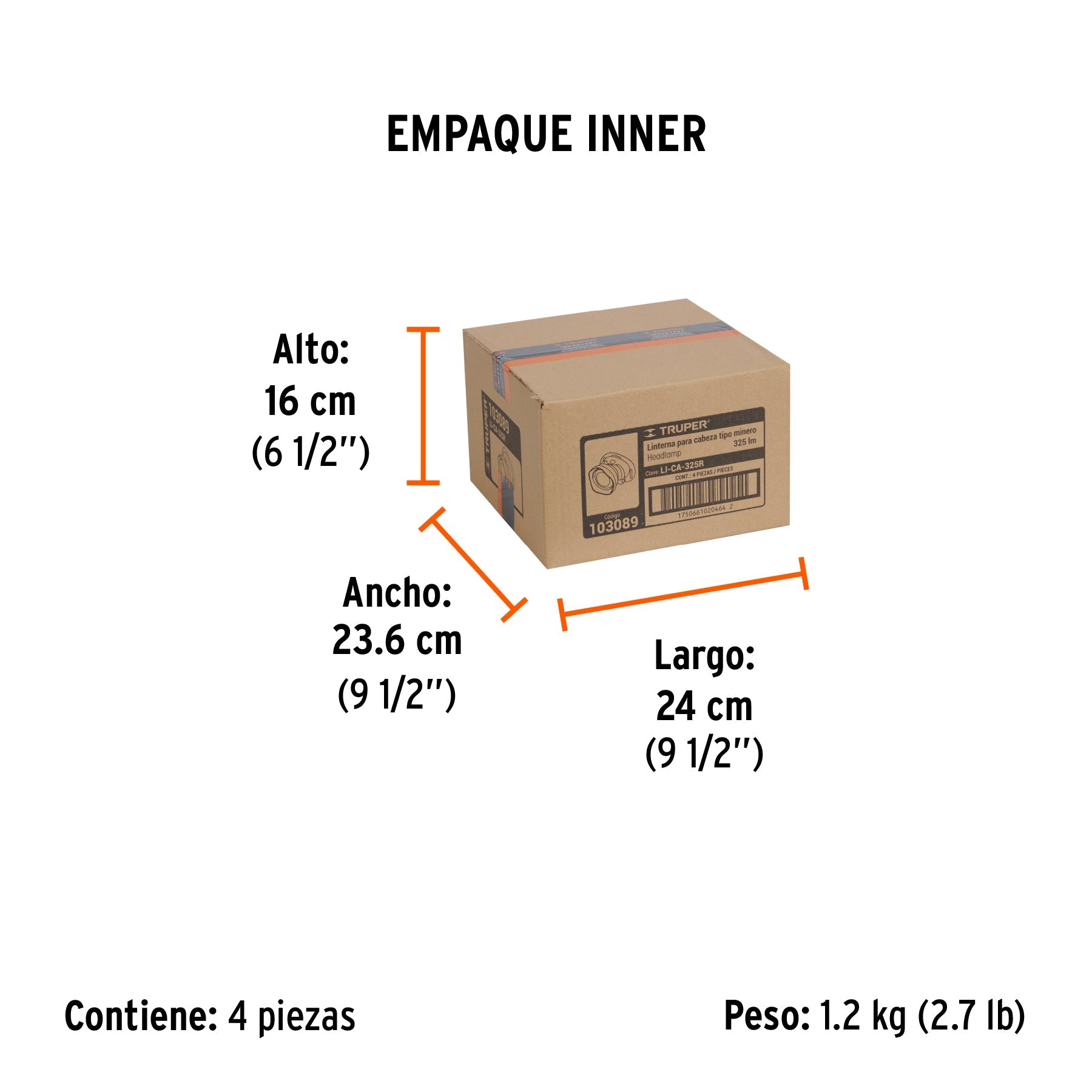 Linterna de minero LED 325 lm, recargable, TRUPER - Empaque