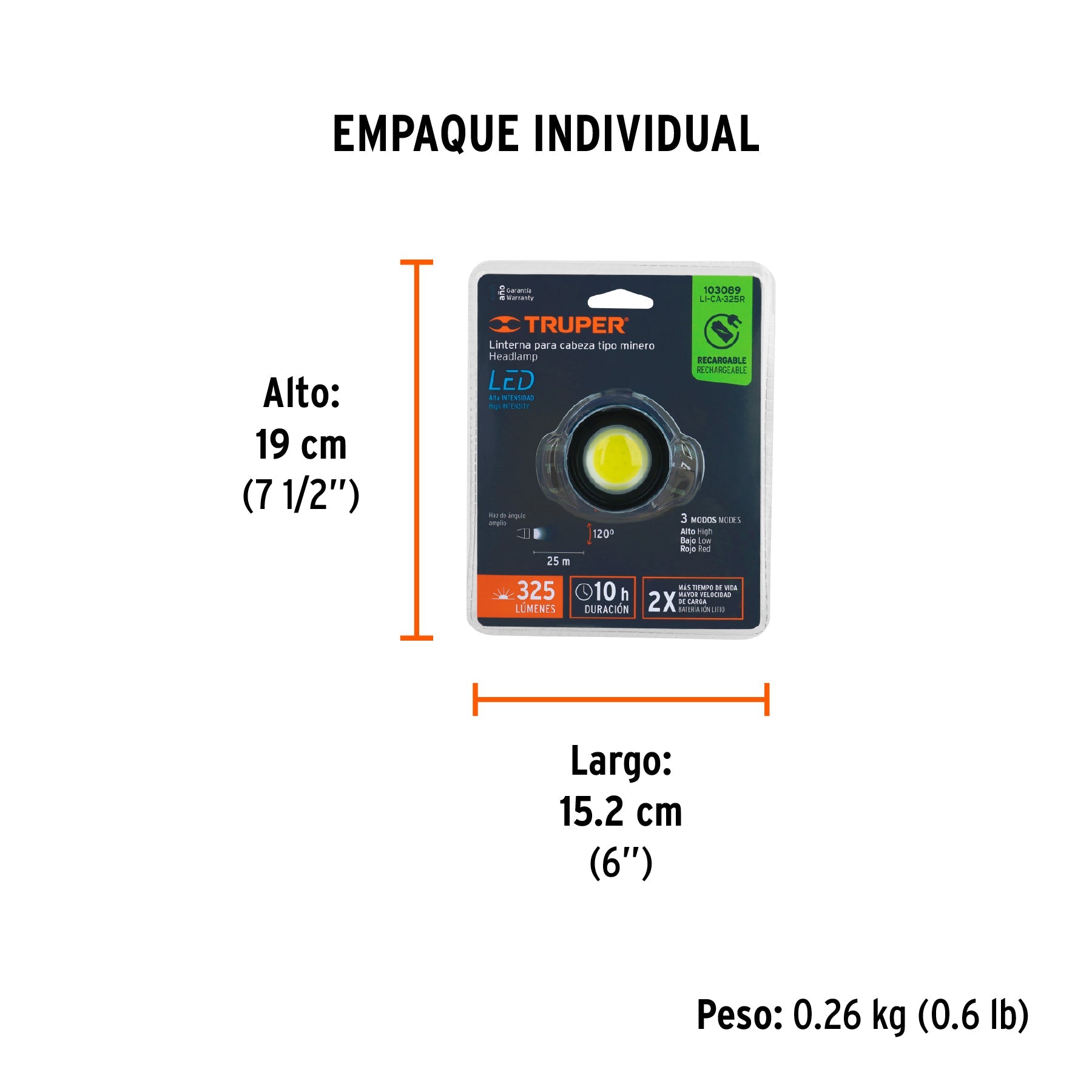 Linterna de minero LED 325 lm, recargable, TRUPER - Empaque