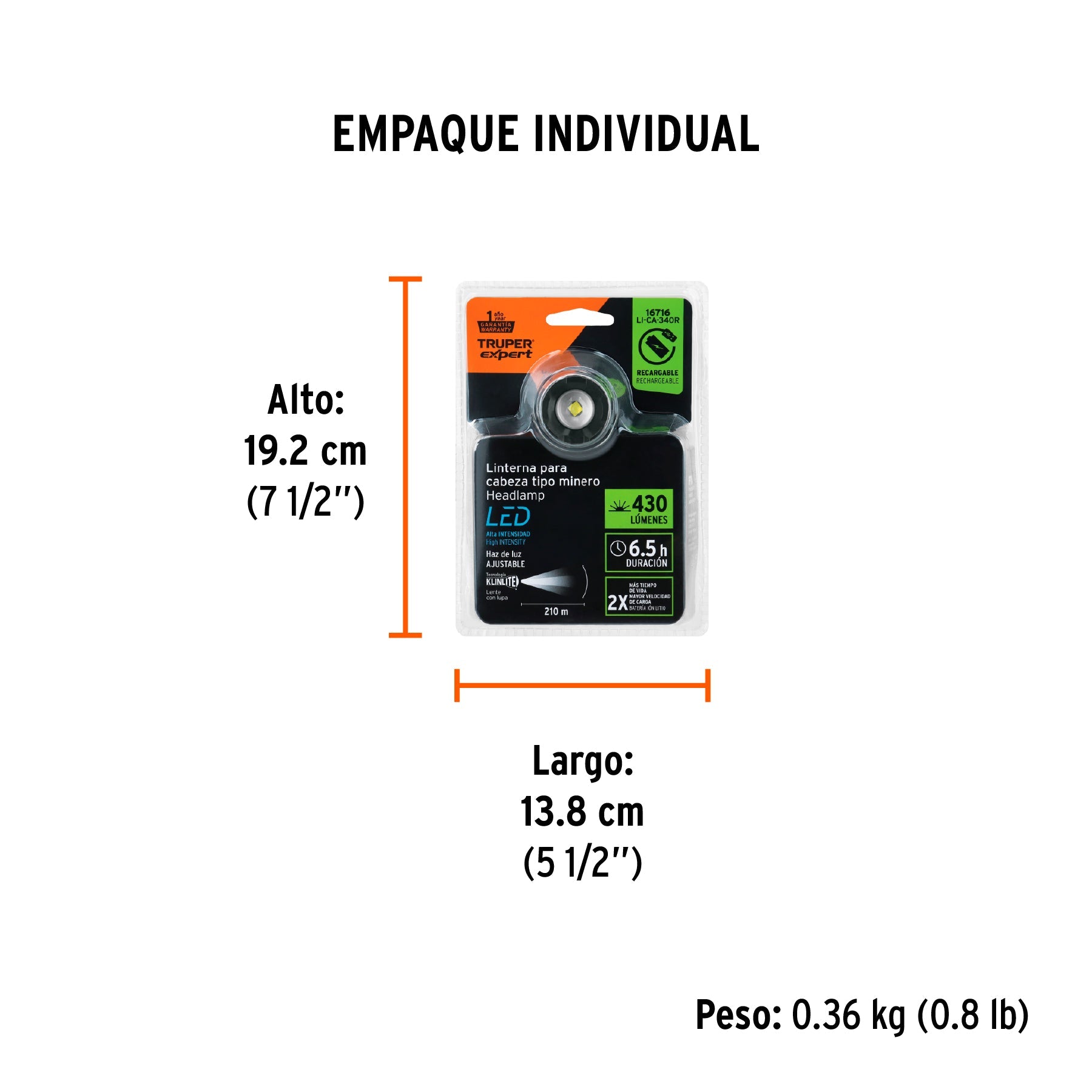 Linterna de minero LED 430 lm, recargable, TRUPER EXPERT - Empaque