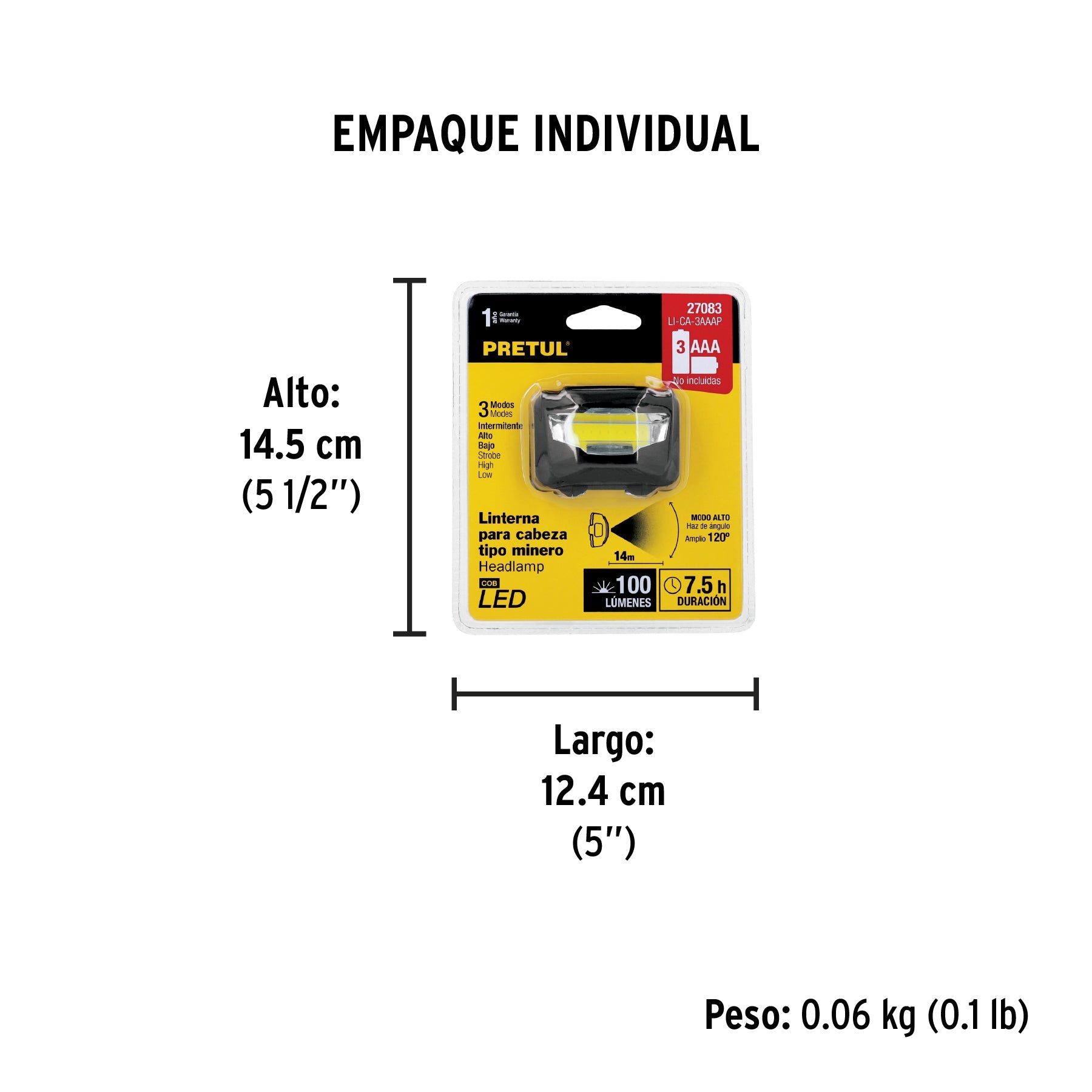 Linterna de minero LED 100 lm de 3 pilas AAA, PRETUL - Empaque