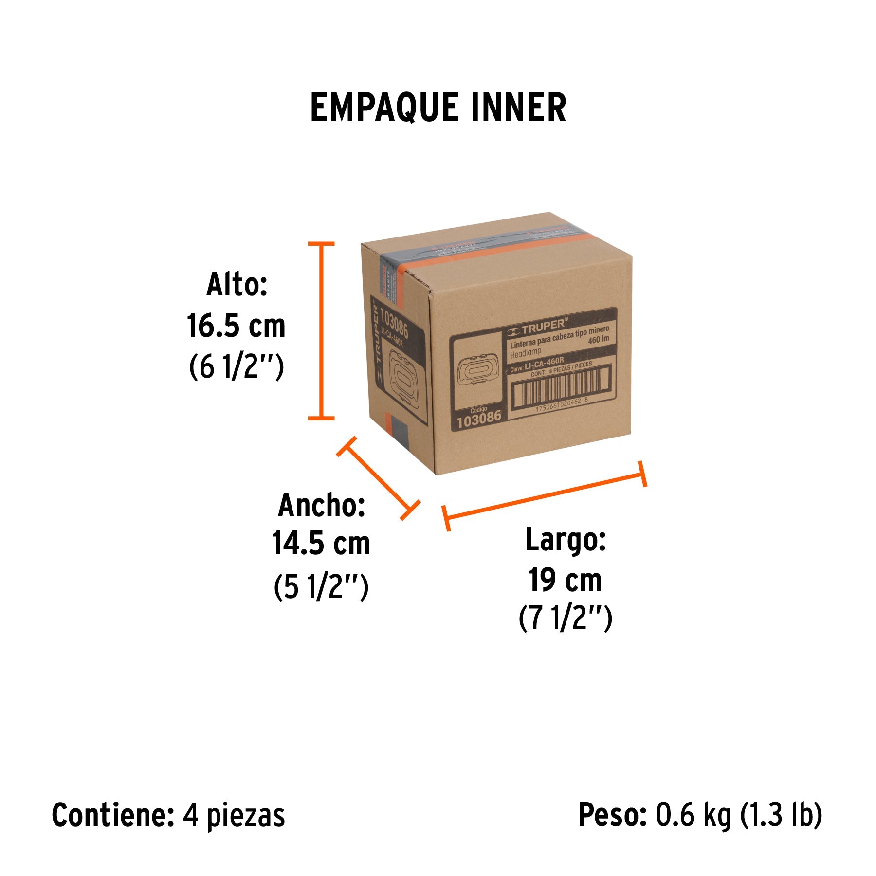 Linterna de minero LED 460 lm con sensor, recargable, TRUPER - Empaque
