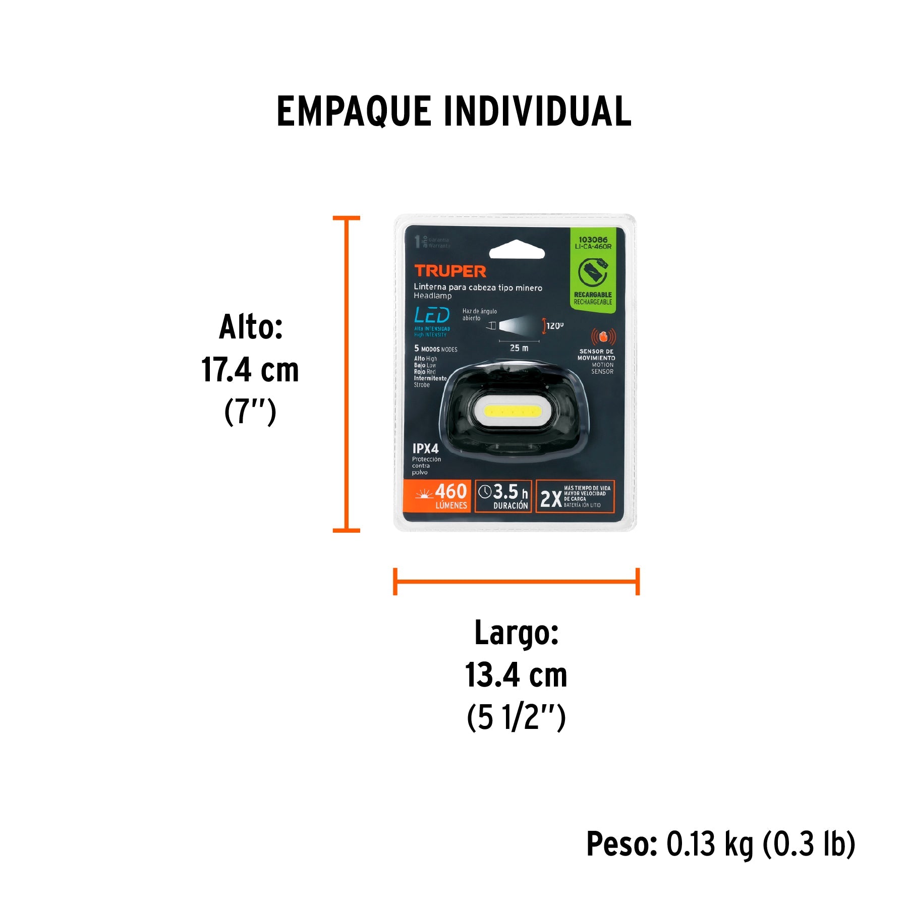 Linterna de minero LED 460 lm con sensor, recargable, TRUPER - Empaque