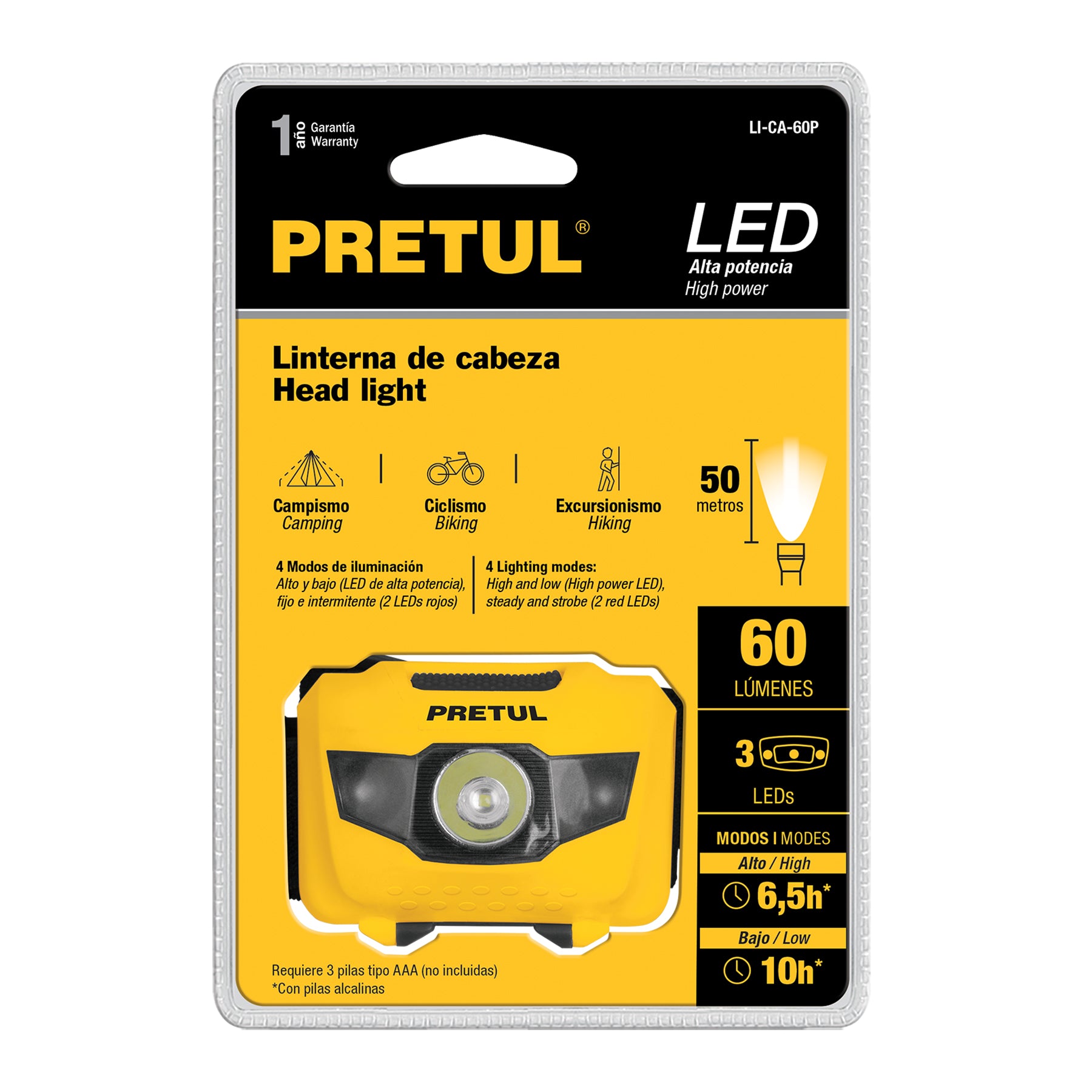 Linterna para cabeza, 60 lúmenes, 3 Led, PRETUL