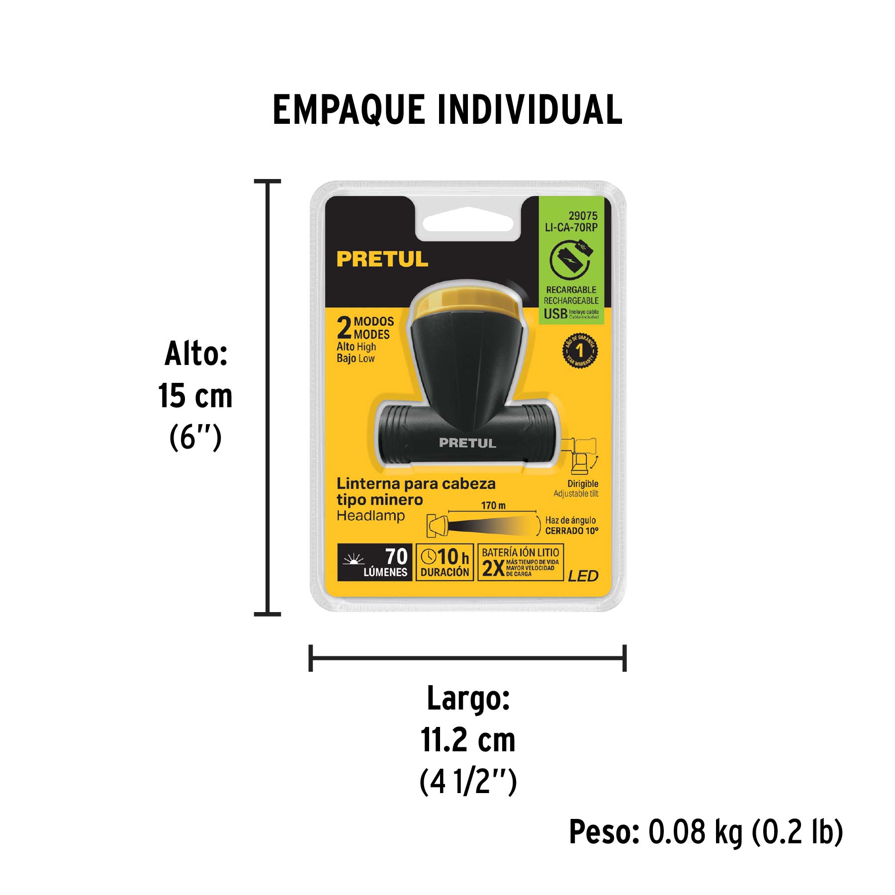 Linterna de minero LED, 70 lm, recargable, PRETUL - Empaque