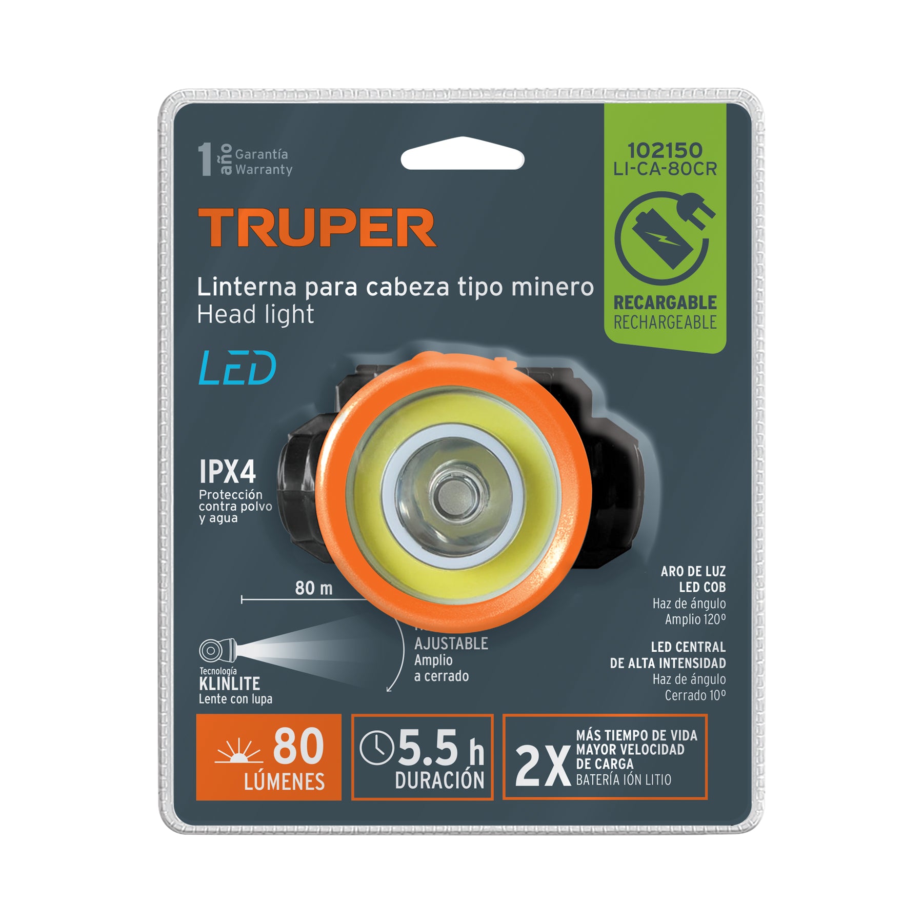 Linterna de minero LED 80 lm, recargable, TRUPER