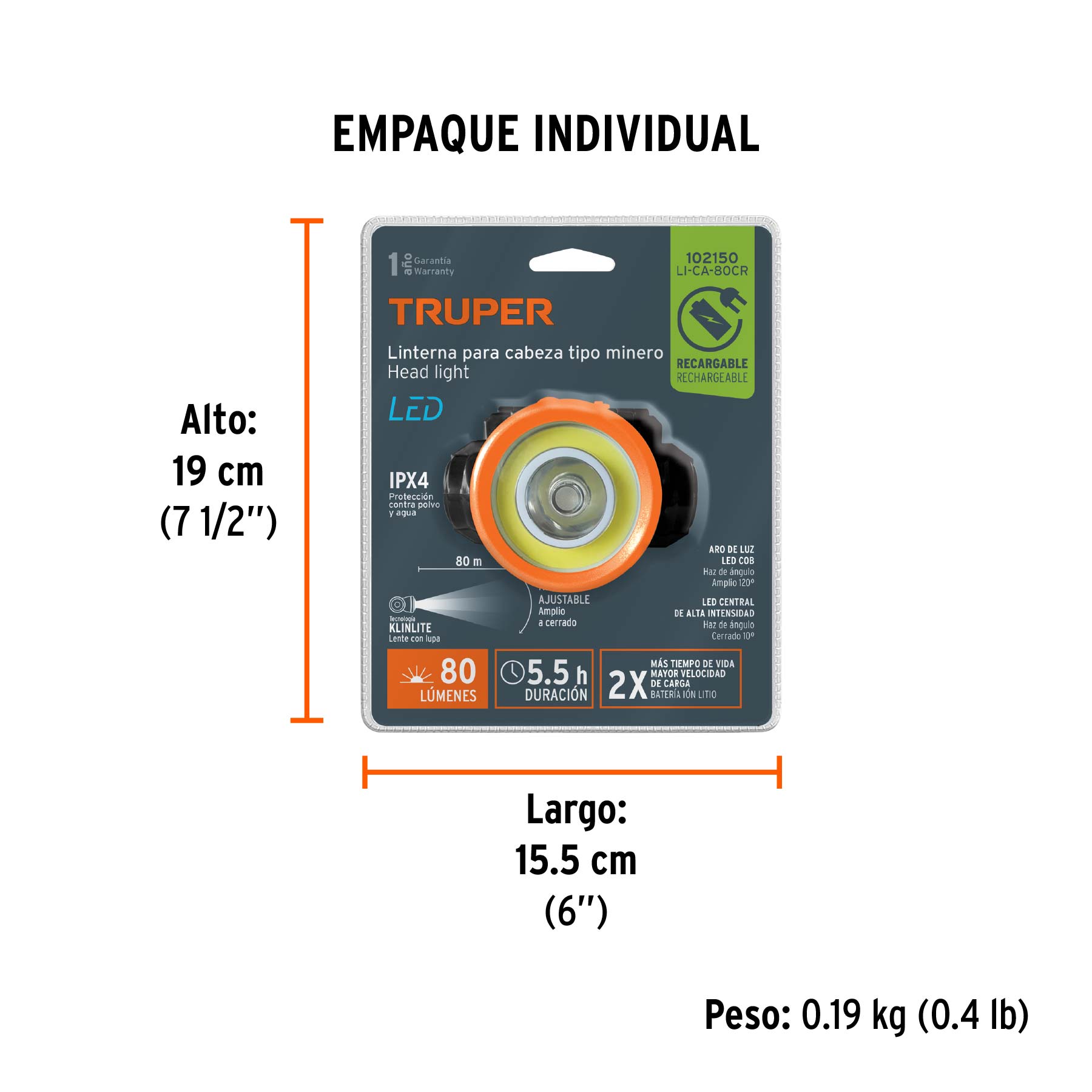 Linterna de minero LED 80 lm, recargable, TRUPER - Empaque
