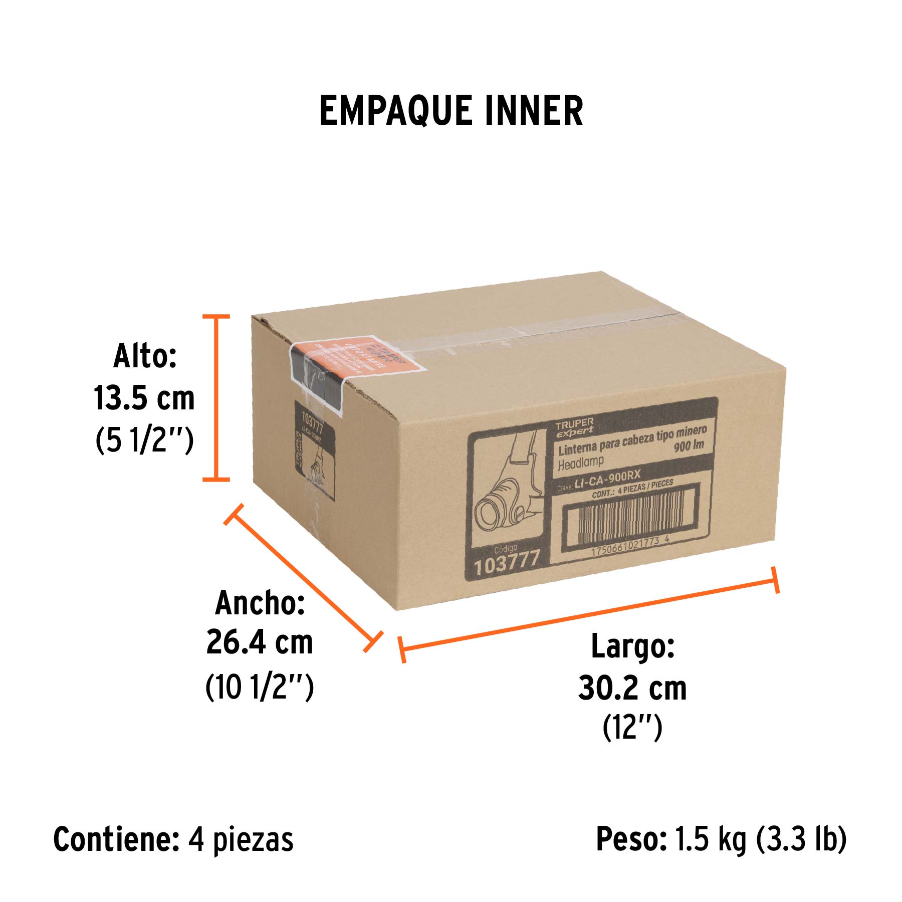 Linterna de minero LED 900 lm, recargable, TRUPER EXPERT - Empaque