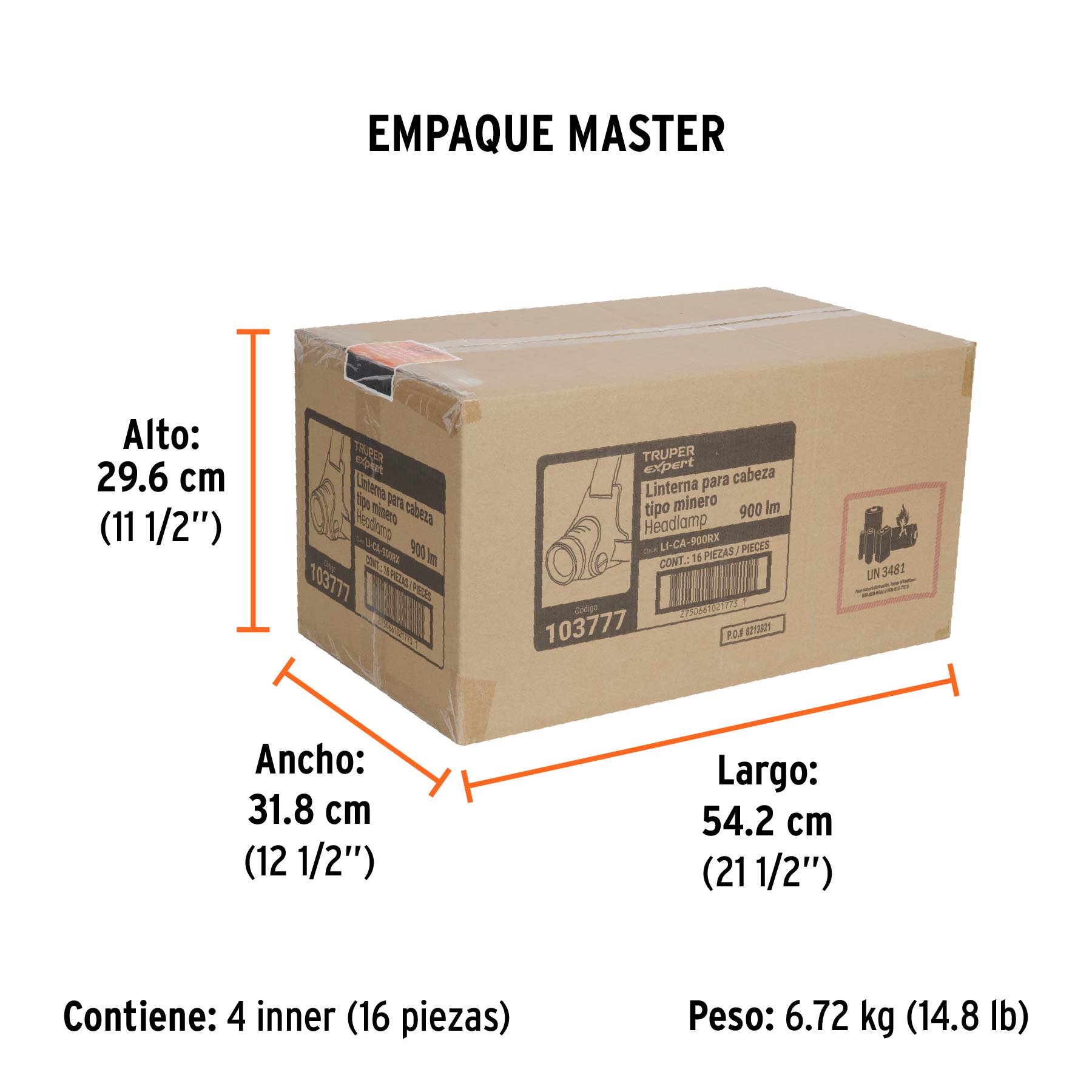 Linterna de minero LED 900 lm, recargable, TRUPER EXPERT - Empaque