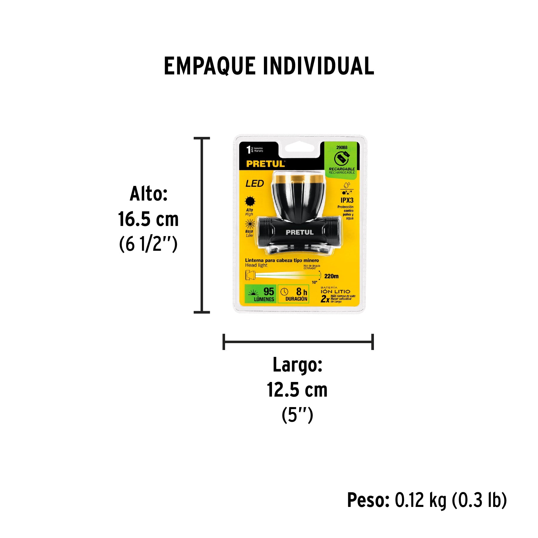 Linterna de minero LED 95 lm, recargable, PRETUL - Empaque