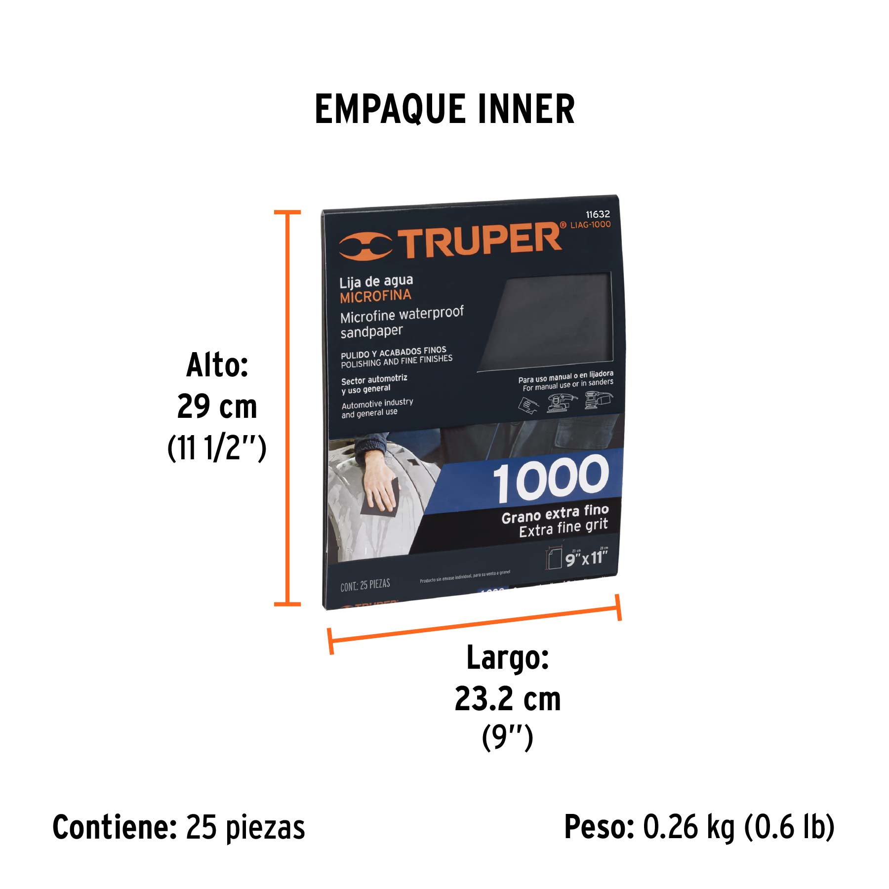 Lija de agua grano 1000 microfina carburo de silicio, TRUPER - Empaque