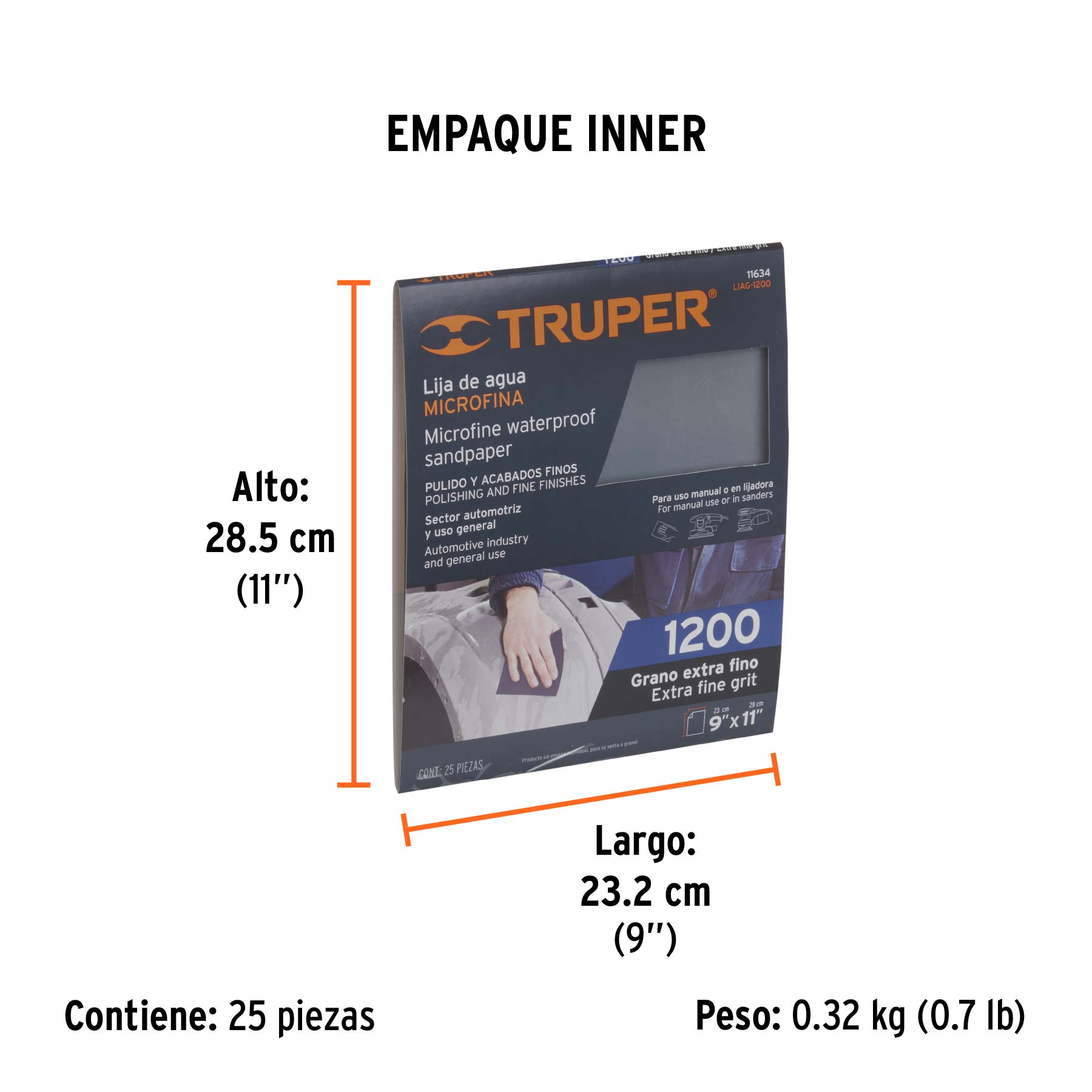 Lija de agua grano 1200 microfina carburo de silicio, TRUPER - Empaque