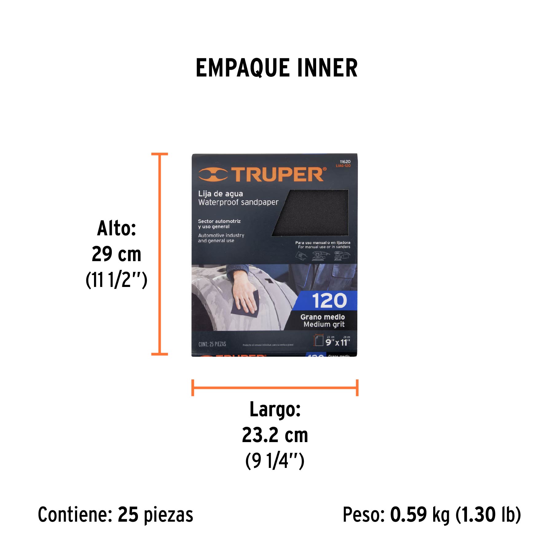 Lija de agua grano 120 de carburo de silicio, TRUPER - Empaque