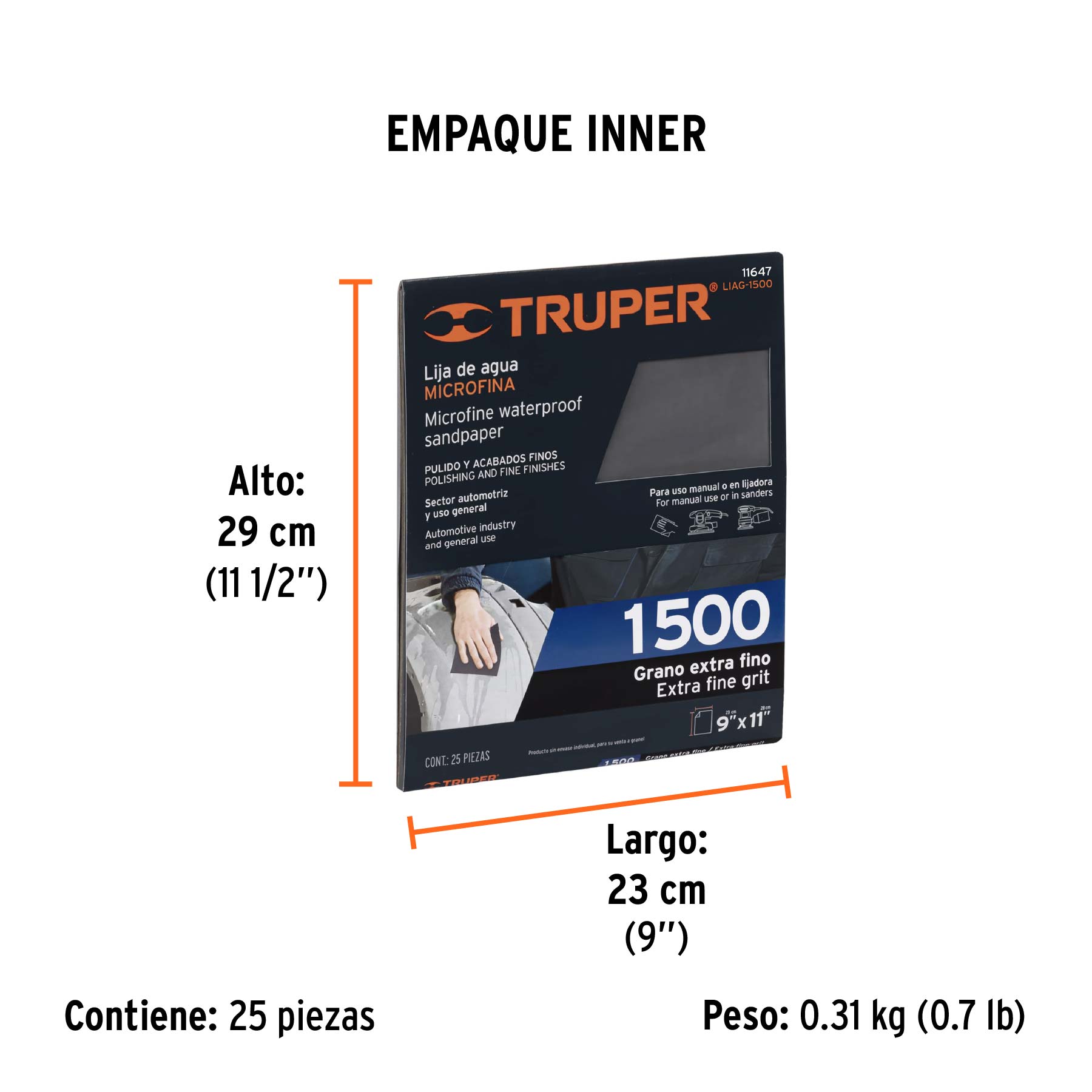 Lija de agua grano 1500 microfina carburo de silicio, TRUPER - Empaque