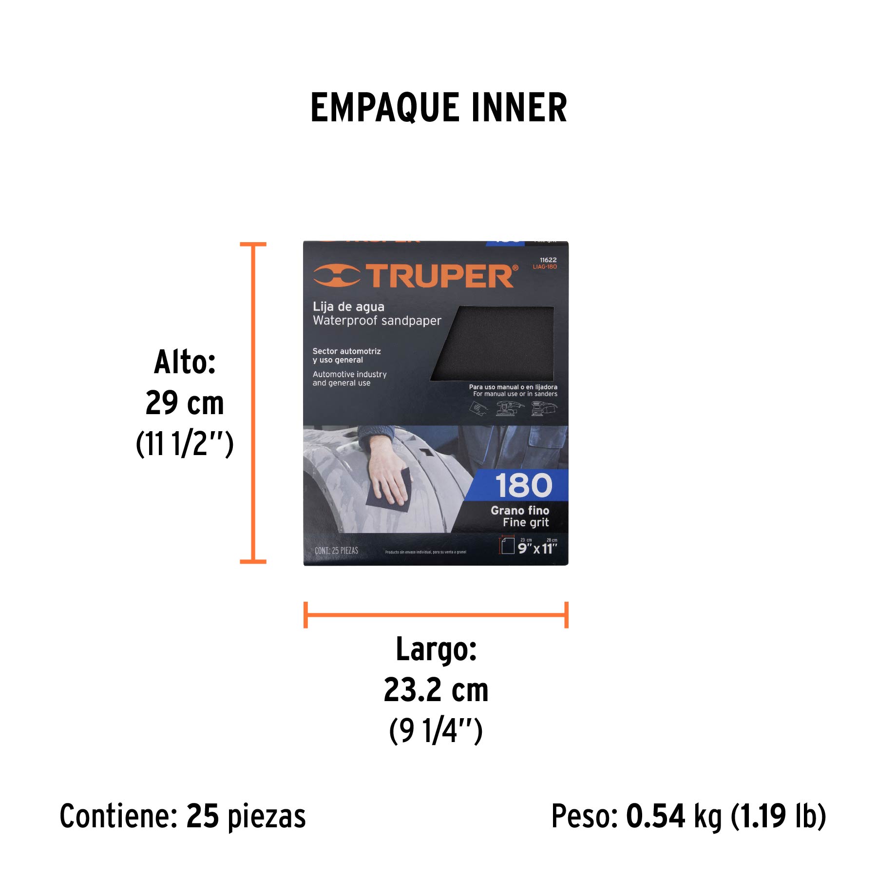 Lija de agua grano 180 de carburo de silicio, TRUPER - Empaque