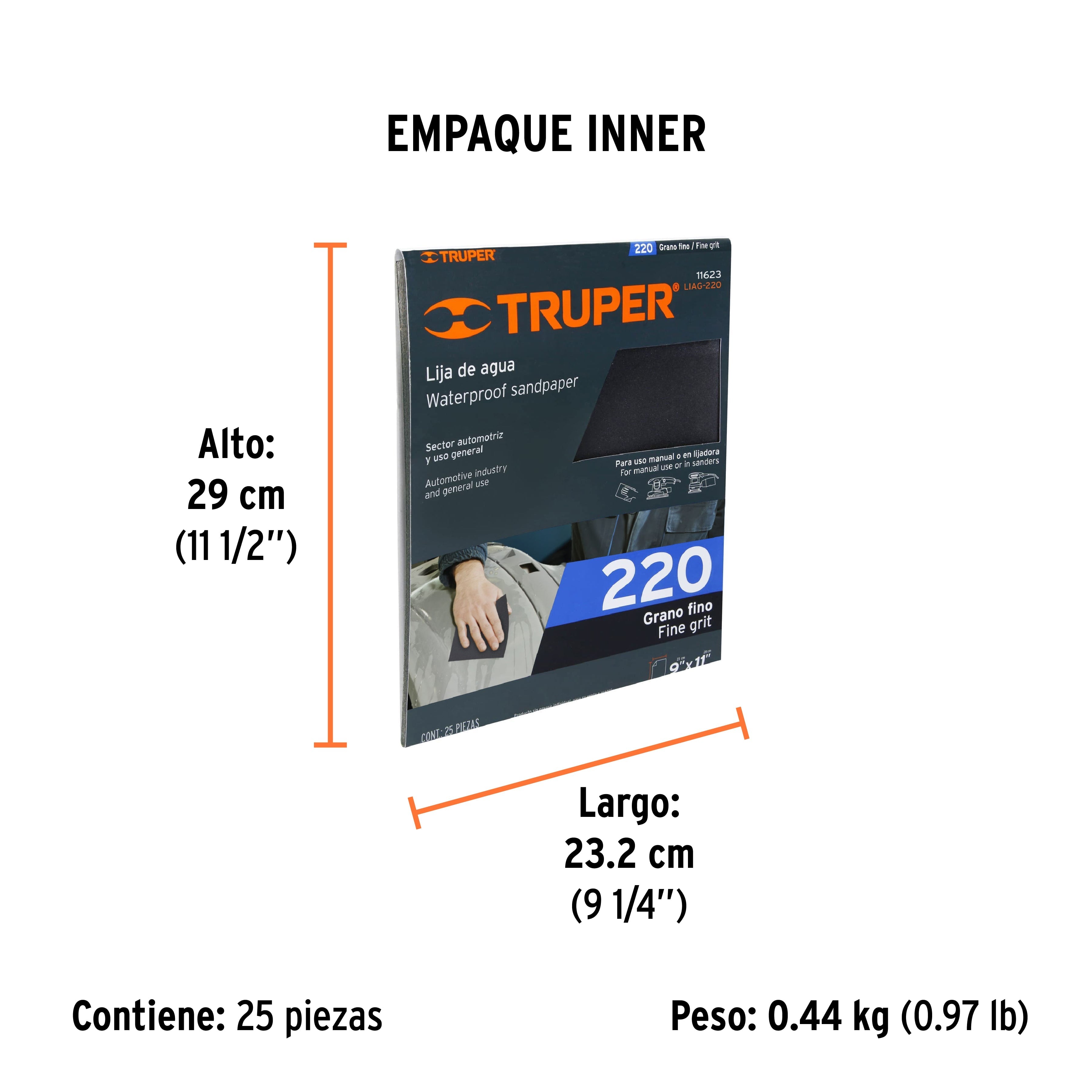 Lija de agua grano 220 de carburo de silicio, TRUPER - Empaque