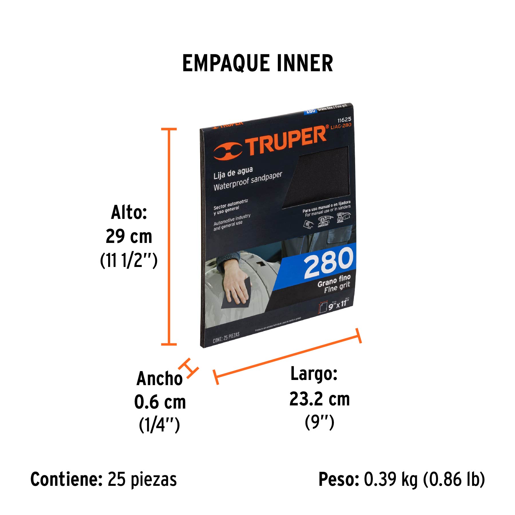 Lija de agua grano 280 de carburo de silicio, TRUPER - Empaque