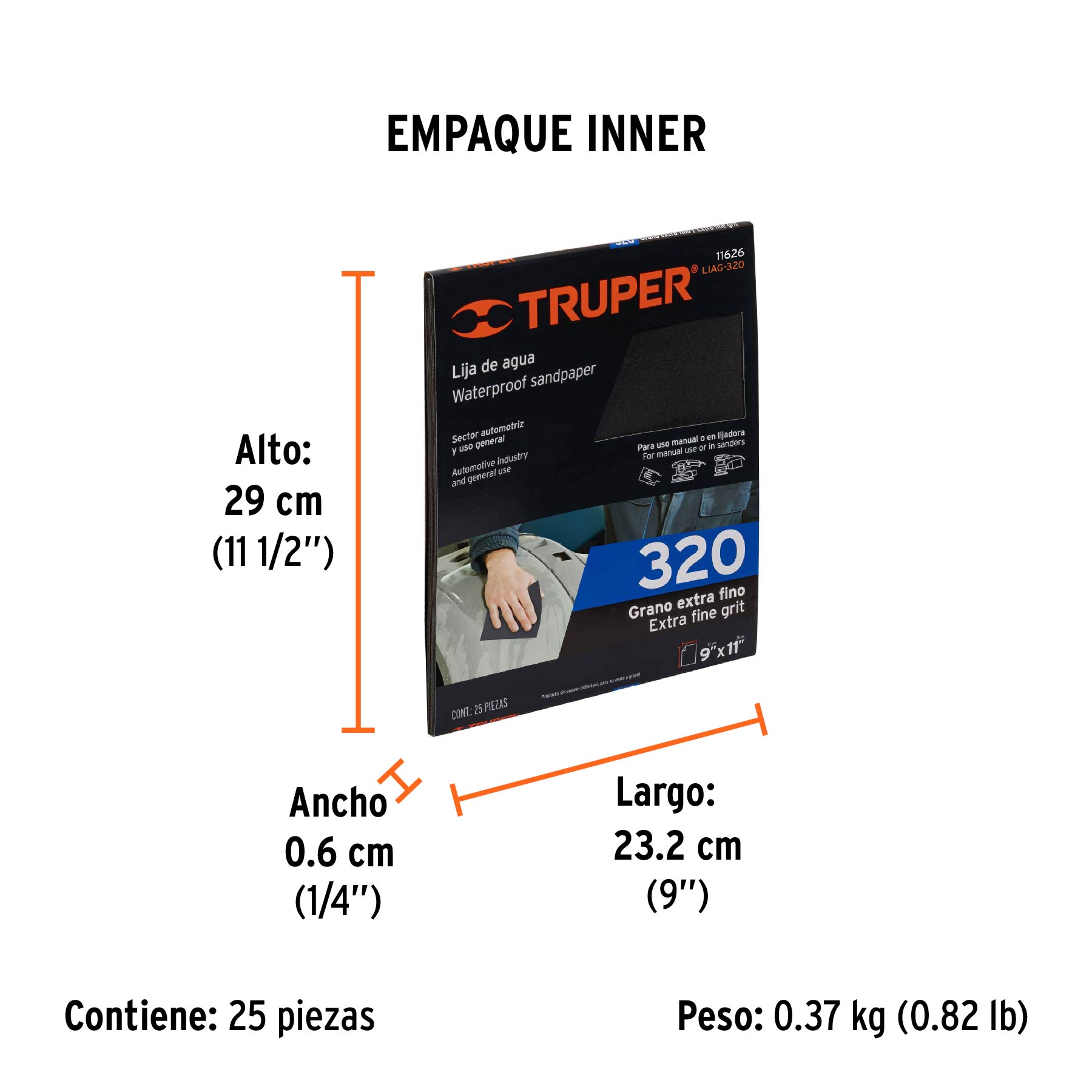 Lija de agua grano 320 de carburo de silicio, TRUPER - Empaque