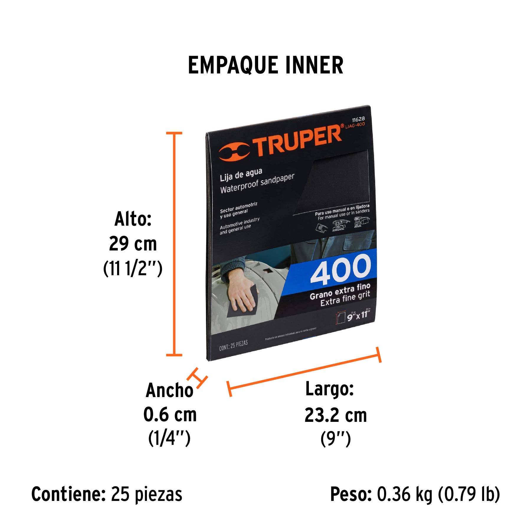 Lija de agua grano 400 de carburo de silicio, TRUPER - Empaque