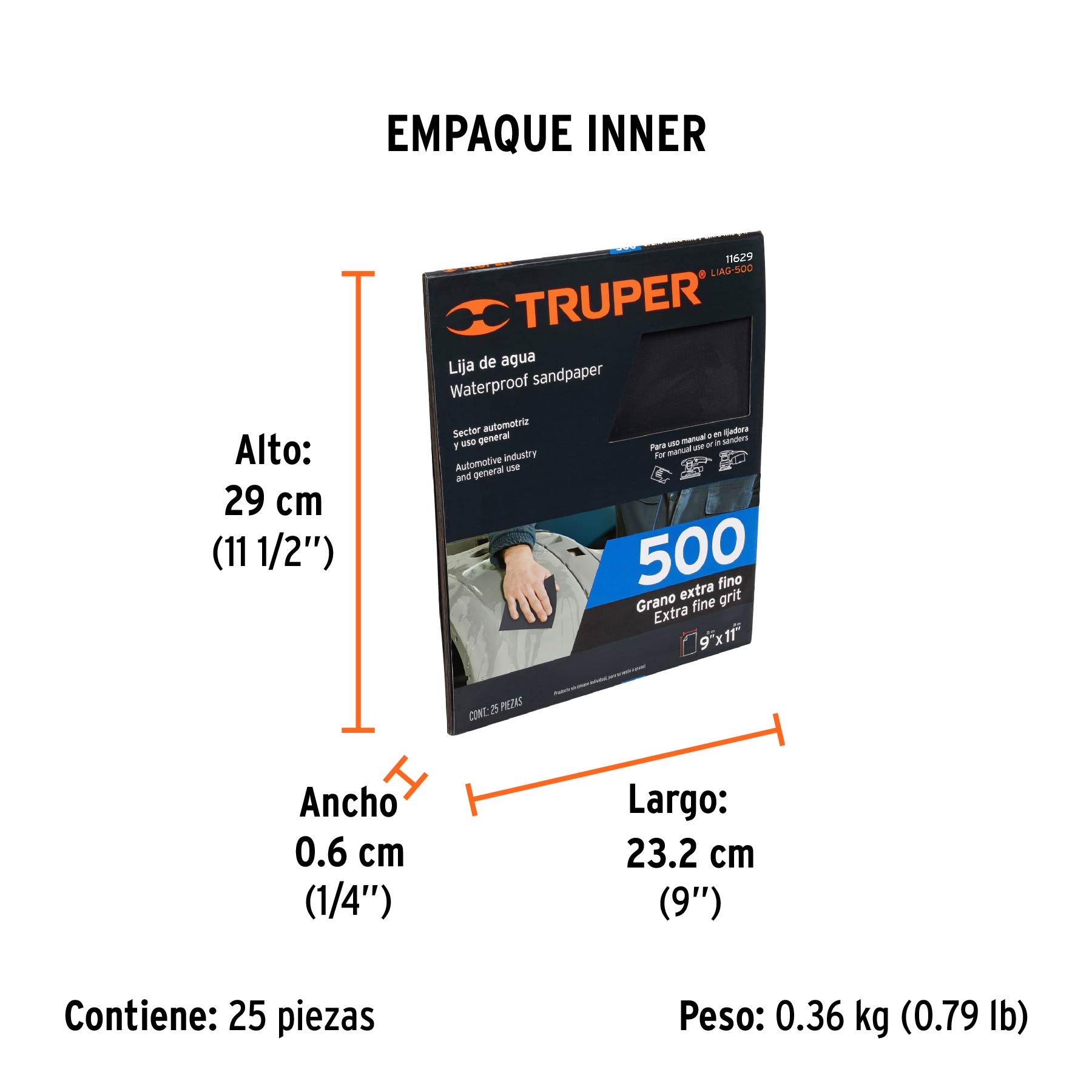 Lija de agua grano 500 de carburo de silicio, TRUPER - Empaque