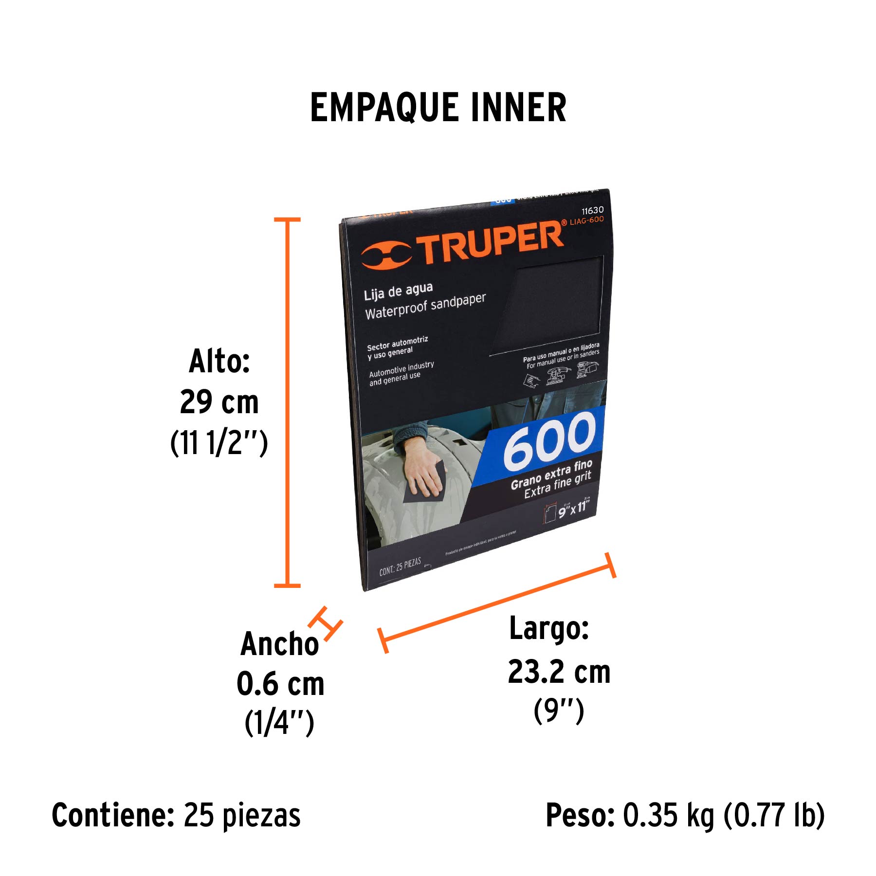 Lija de agua grano 600 de carburo de silicio, TRUPER - Empaque