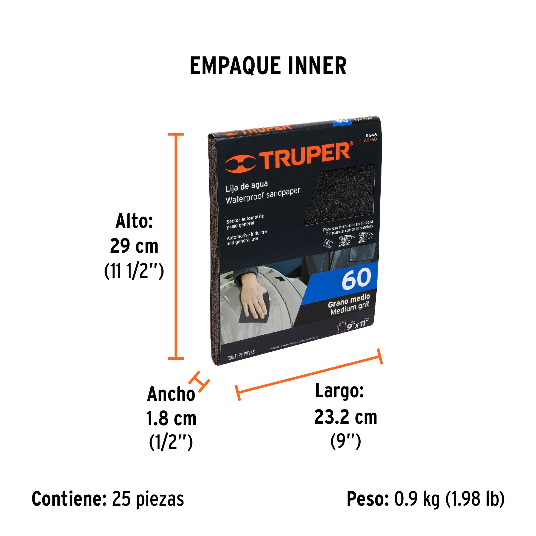 Lija de agua grano 60 de carburo de silicio, TRUPER - Empaque