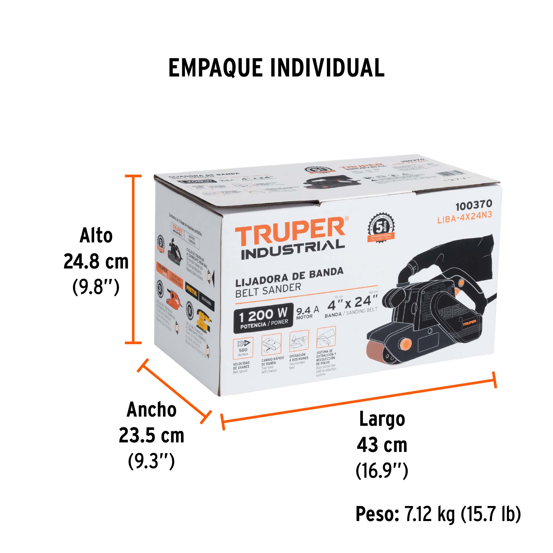 Lijadora de banda 4 x 24", 1200W, TRUPER INDUSTRIAL - Empaque