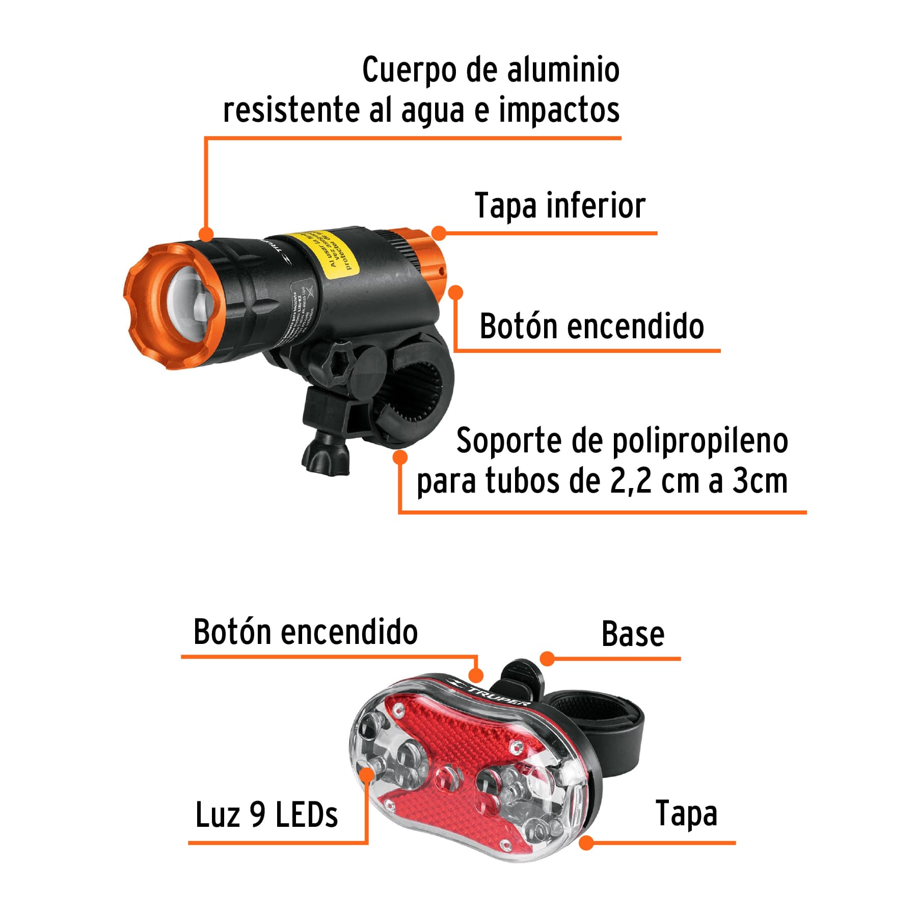 Juego de linterna delantera y trasera para bicicleta, TRUPER