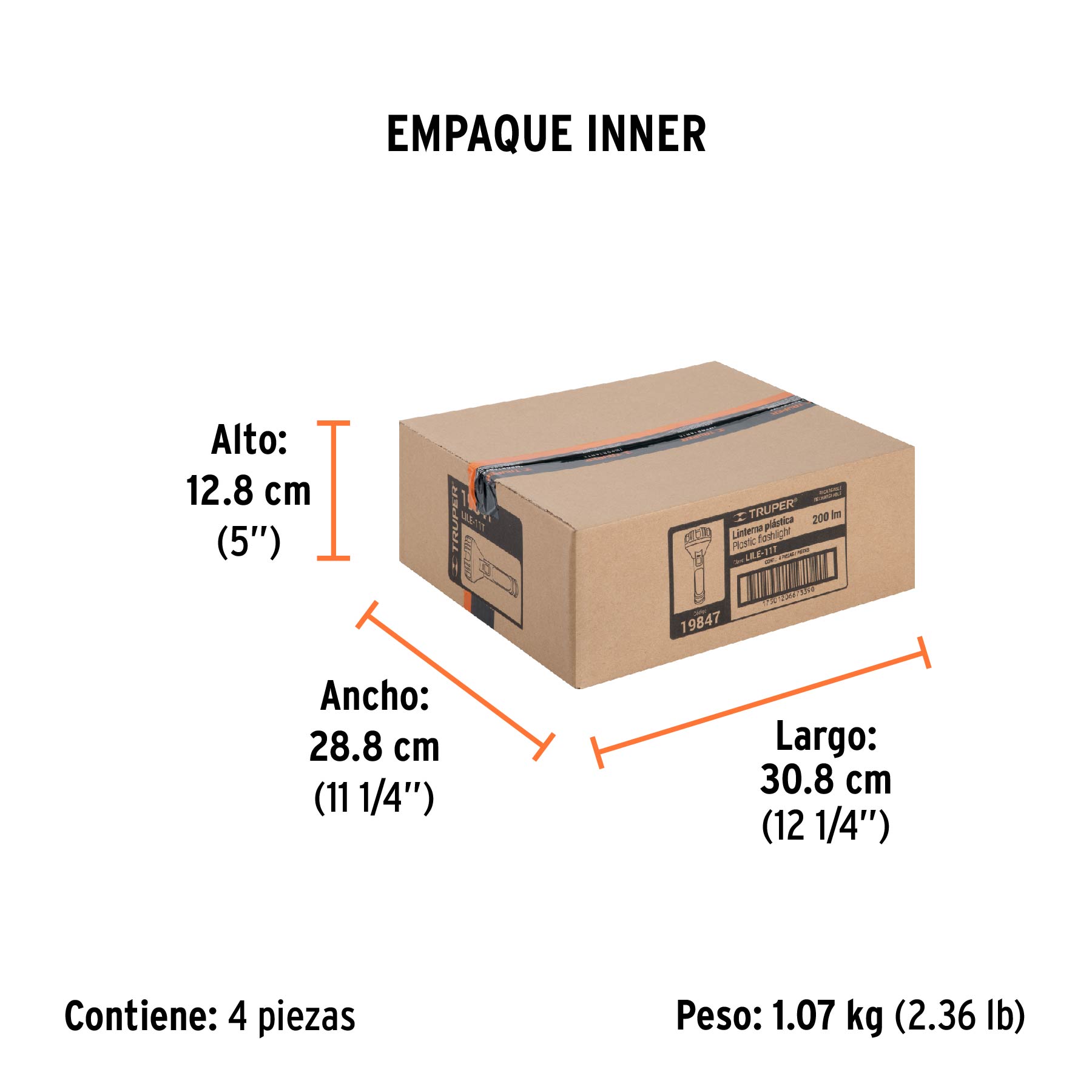 Linterna plástica de LED 350 lm, recargable, TRUPER - Empaque