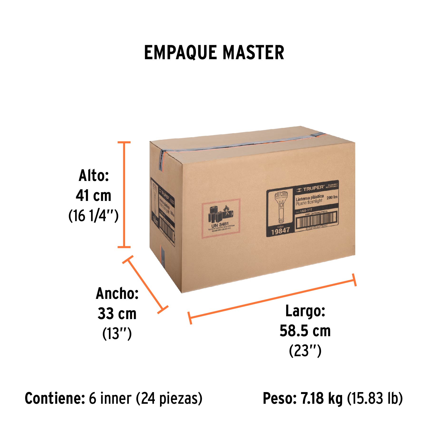 Linterna plástica de LED 350 lm, recargable, TRUPER - Empaque