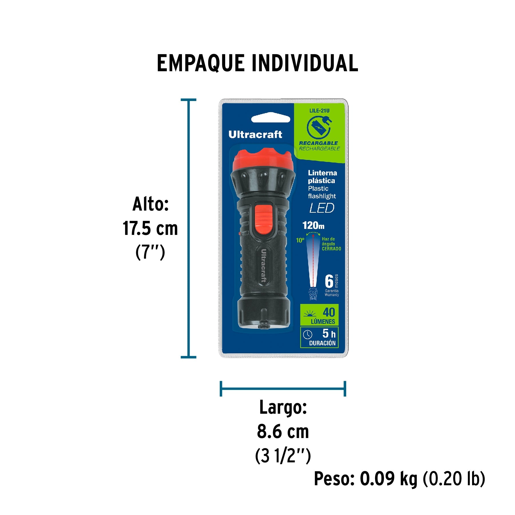 Linterna plástica de LED, 40 lm, recargable, ULTRACRAFT - Empaque