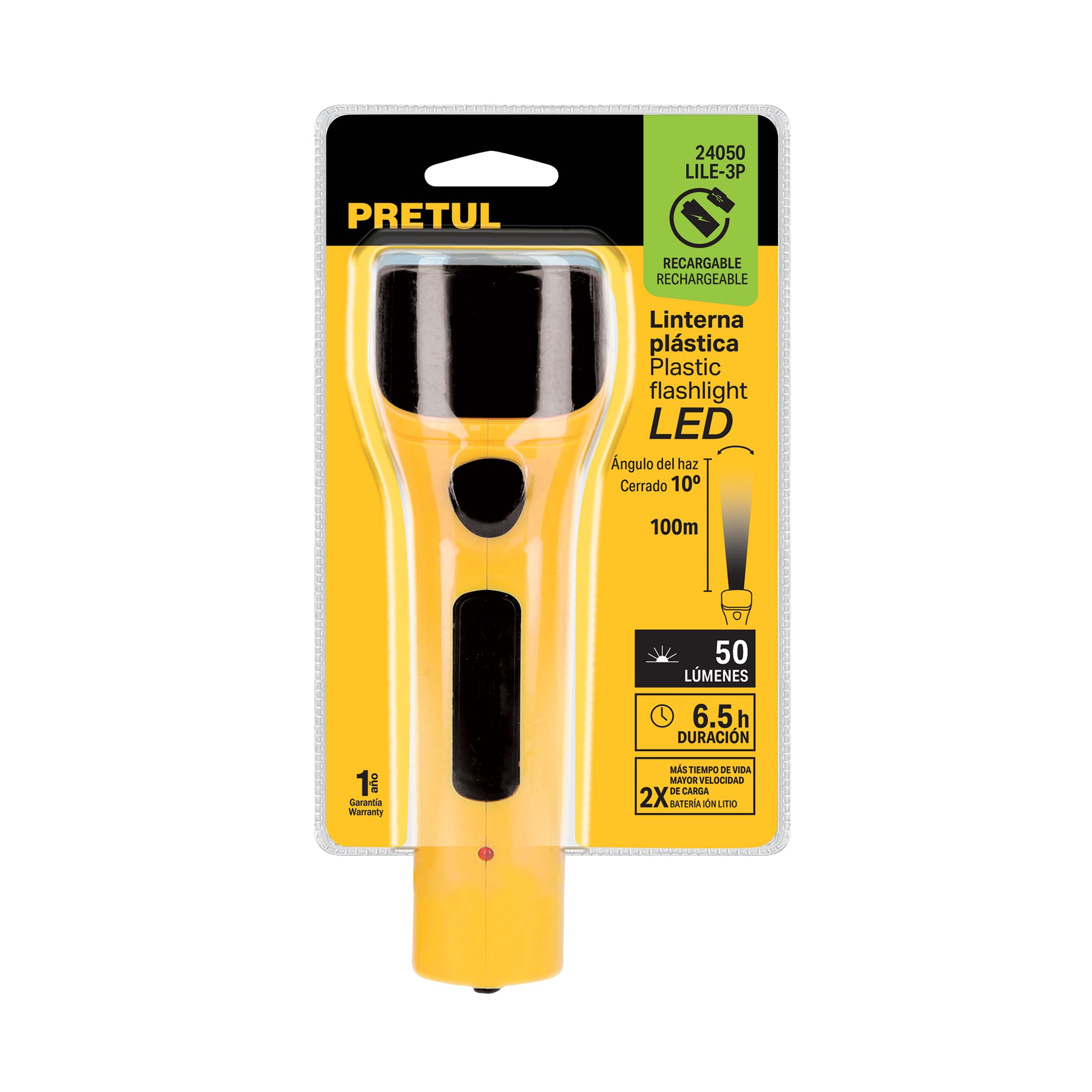 Linterna plástica de LED, 50 lm, recargable, PRETUL
