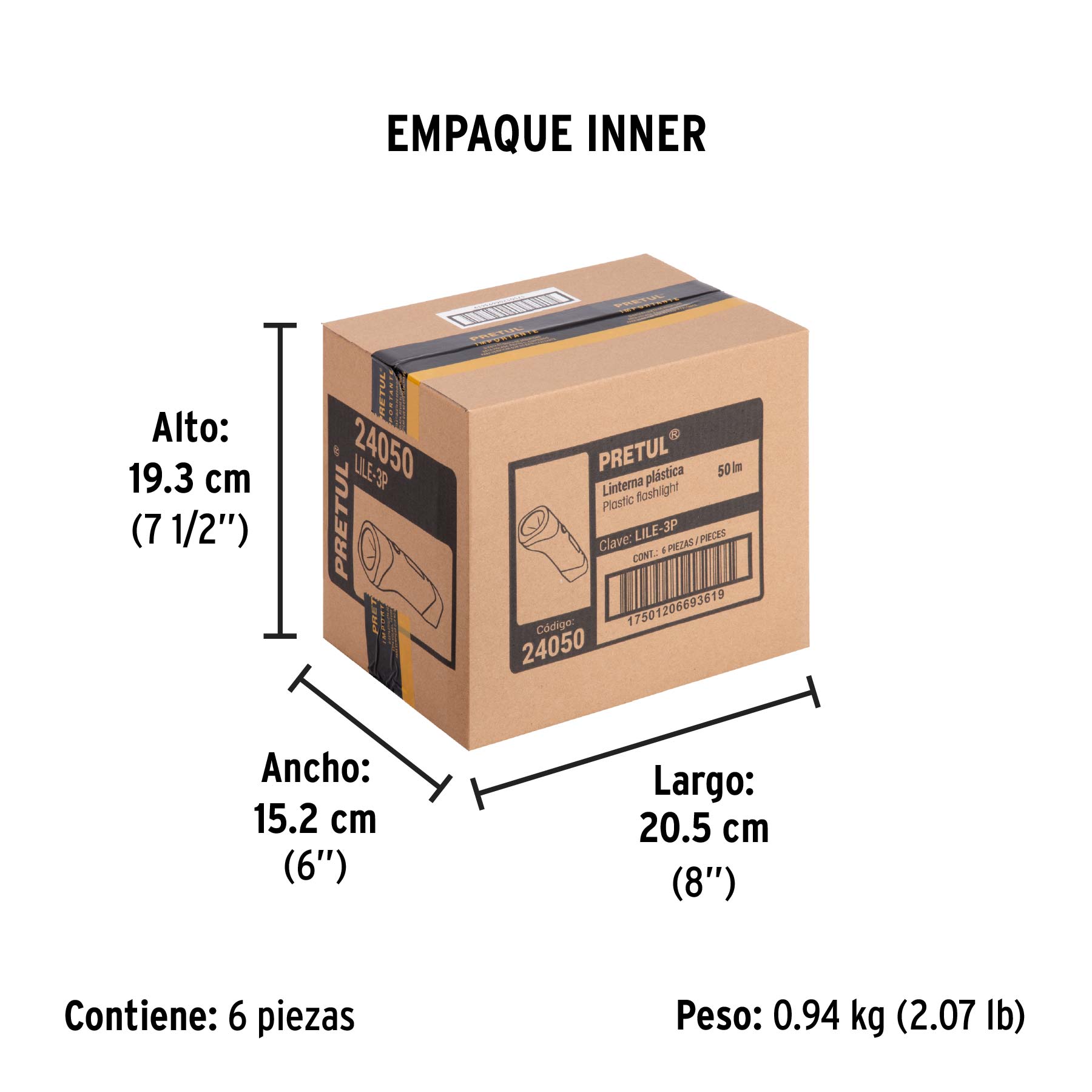Linterna plástica de LED, 50 lm, recargable, PRETUL - Empaque