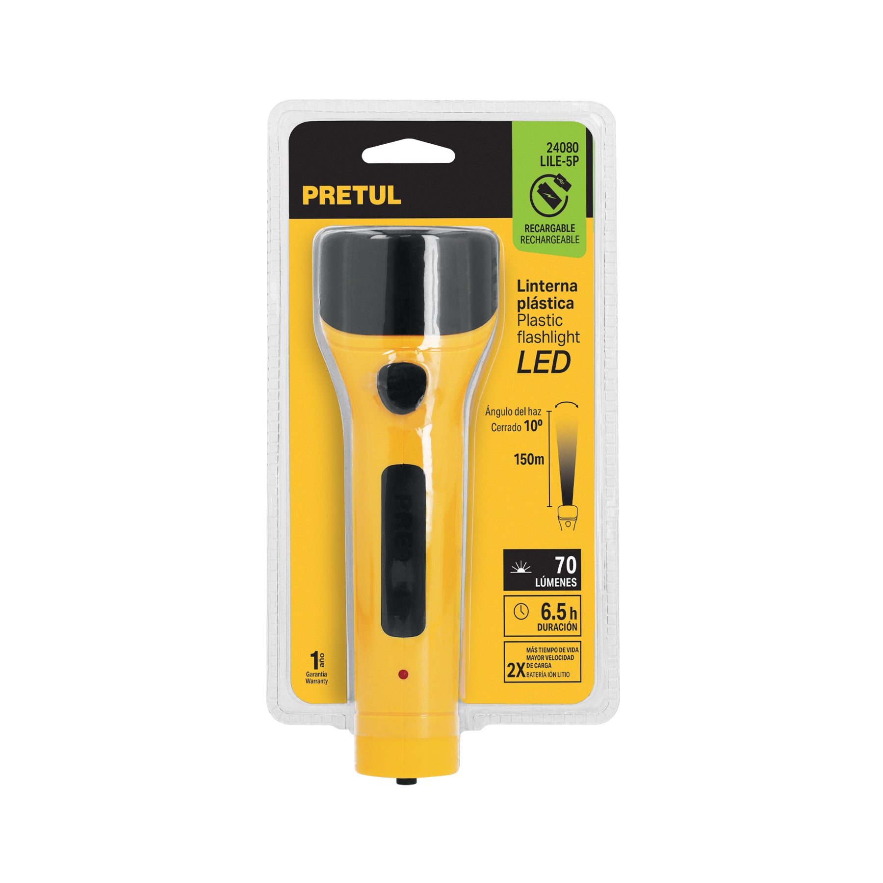 Linterna plástica de LED, 70 lm, recargable, PRETUL