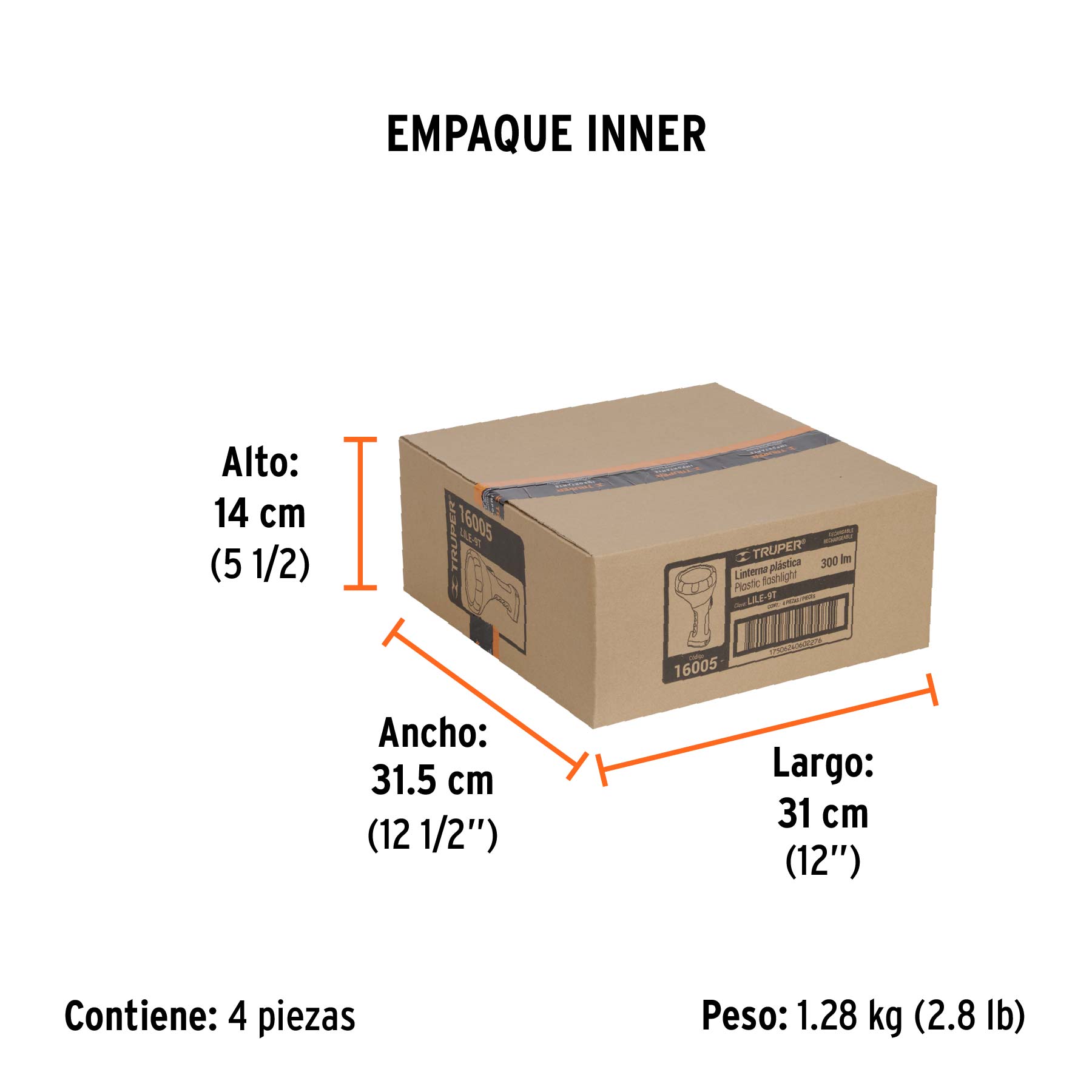 Linterna plástica de LED 300 lm, recargable, TRUPER - Empaque