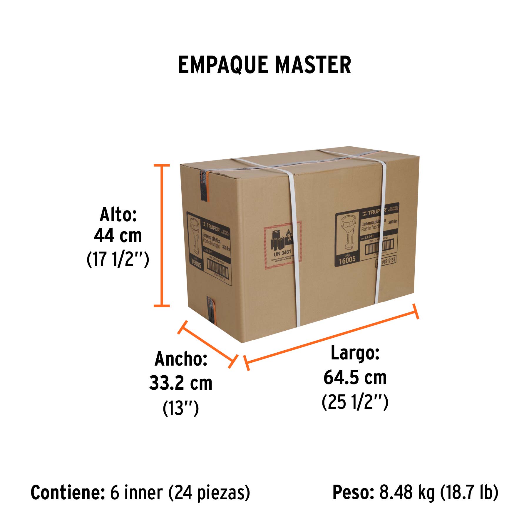 Linterna plástica de LED 300 lm, recargable, TRUPER - Empaque