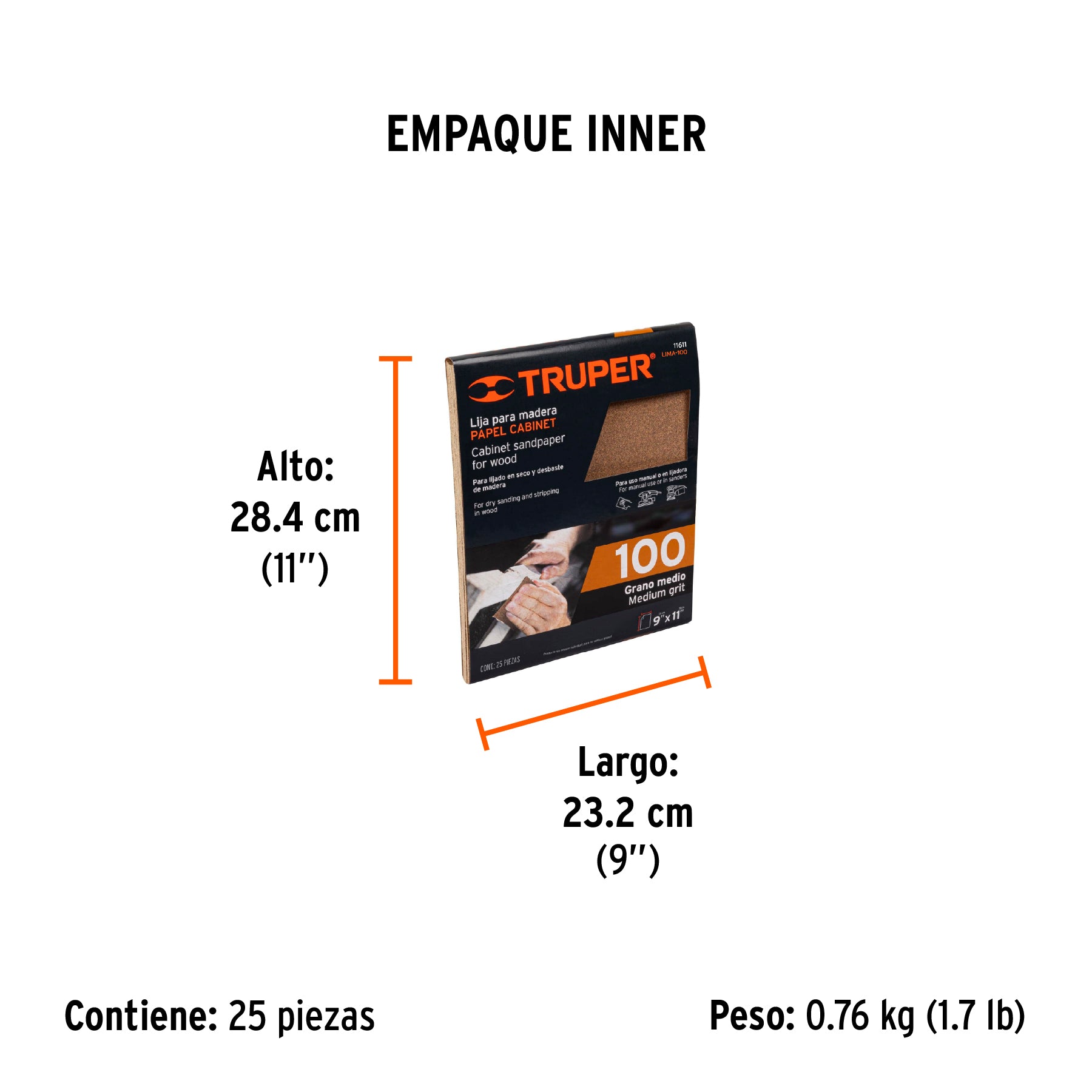 Lija para madera papel cabinet, grano 100, TRUPER - Empaque