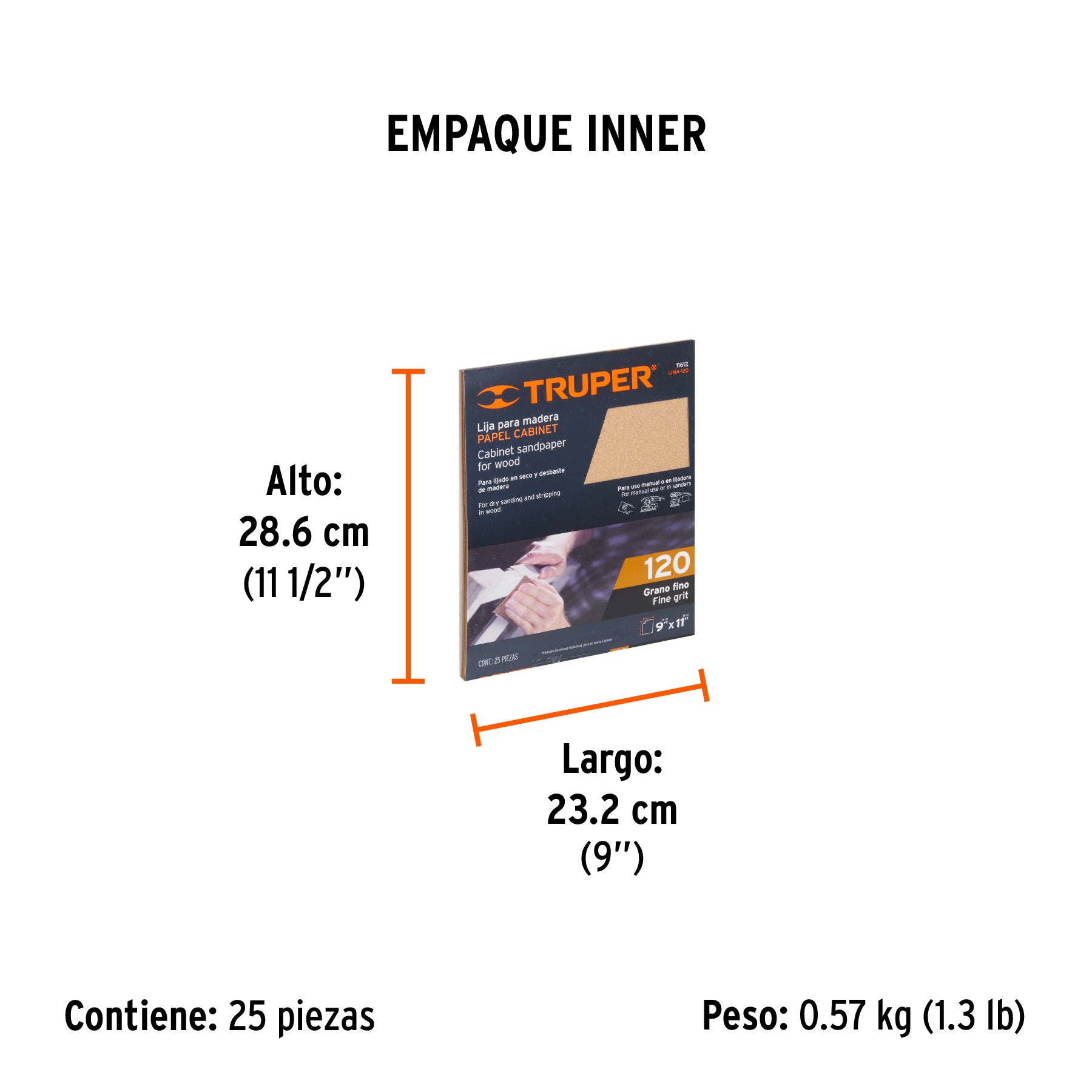 Lija para madera papel cabinet, grano 120, TRUPER - Empaque