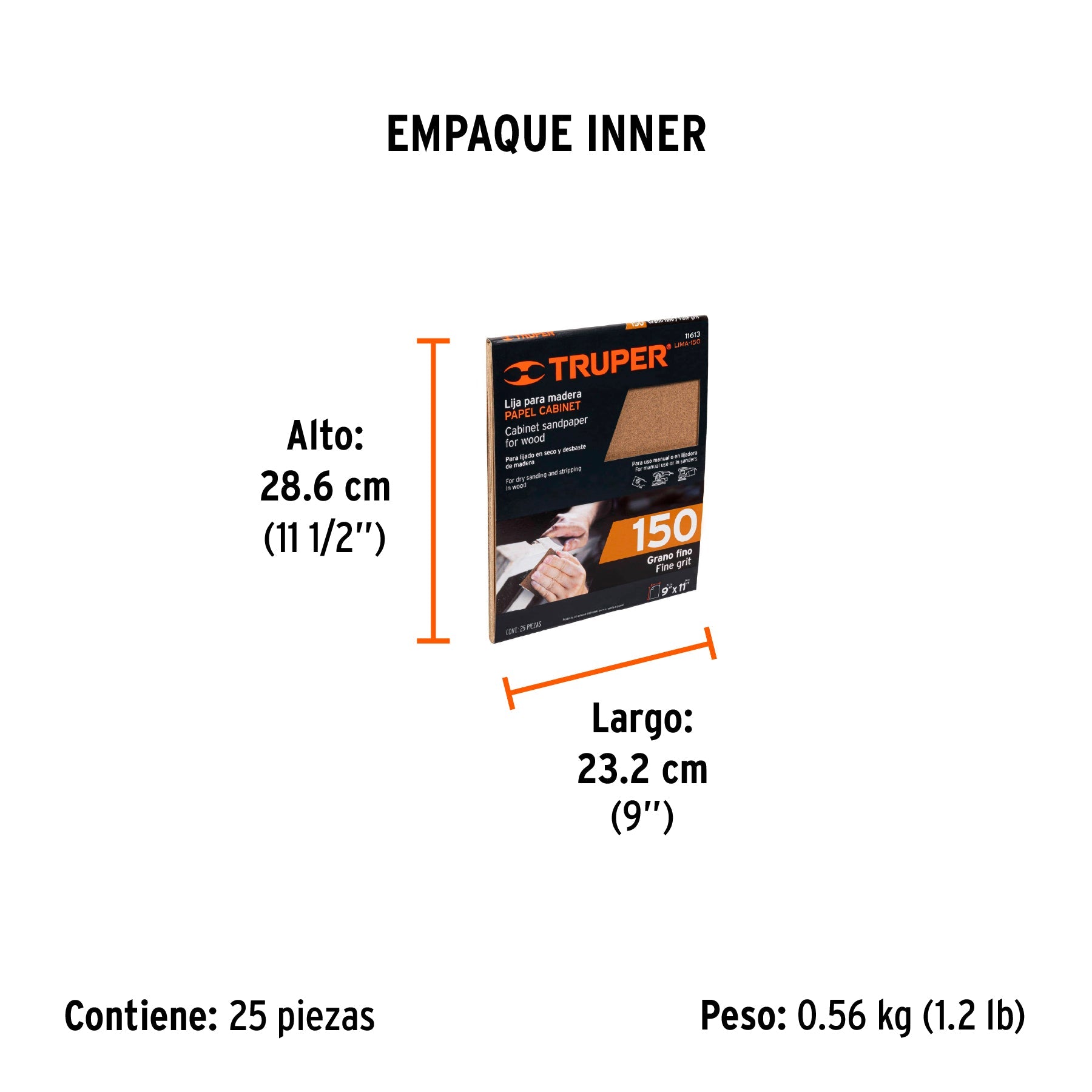 Lija para madera papel cabinet, grano 150, TRUPER - Empaque