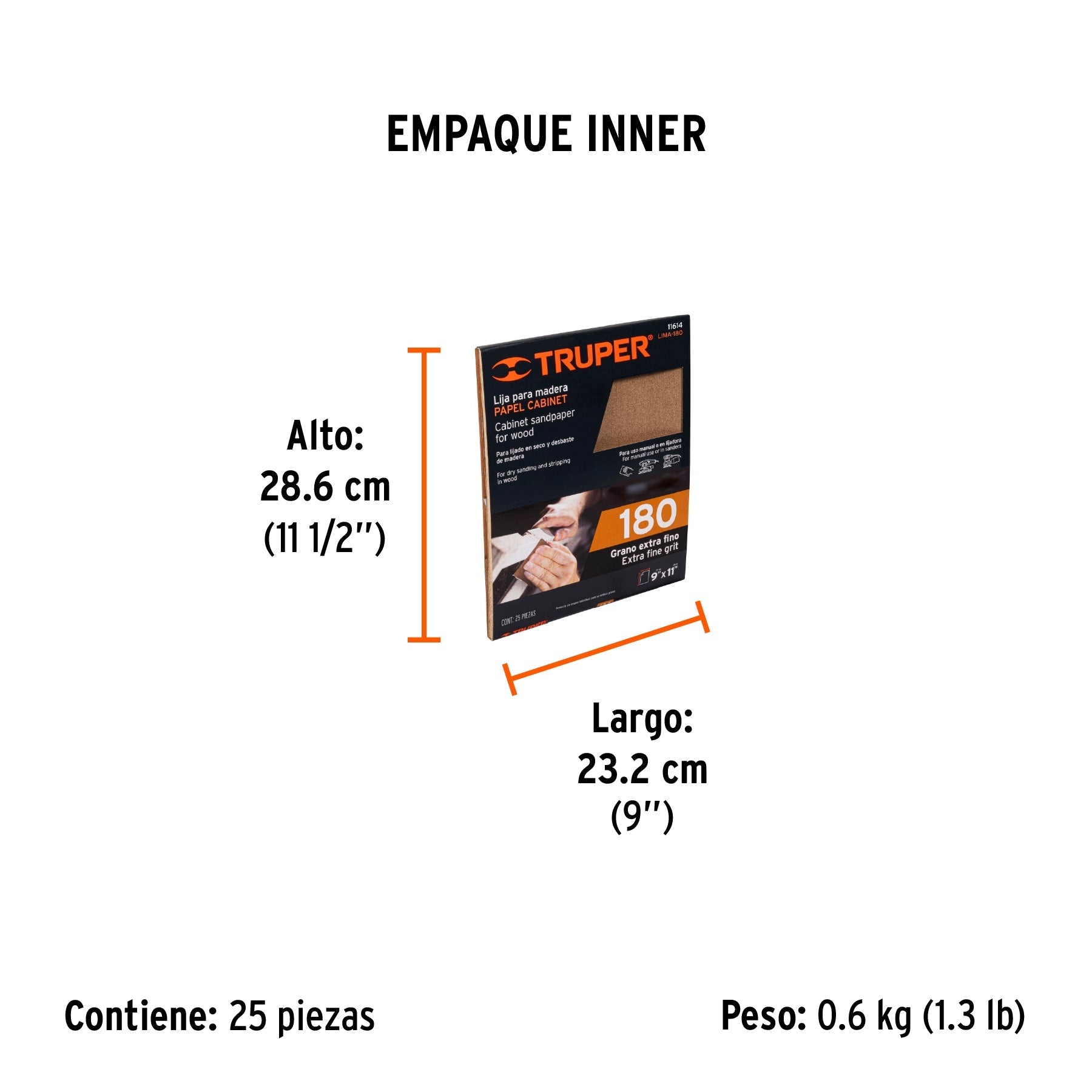 Lija para madera papel cabinet, grano 180, TRUPER - Empaque