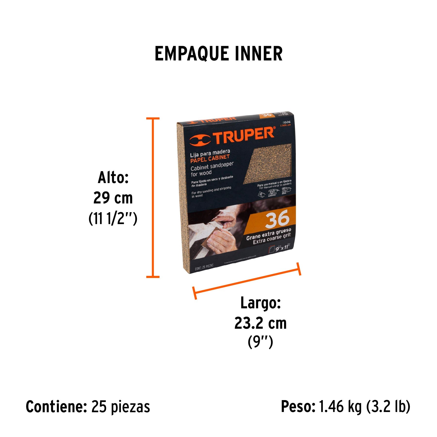 Lija para madera papel cabinet, grano 36, TRUPER - Empaque