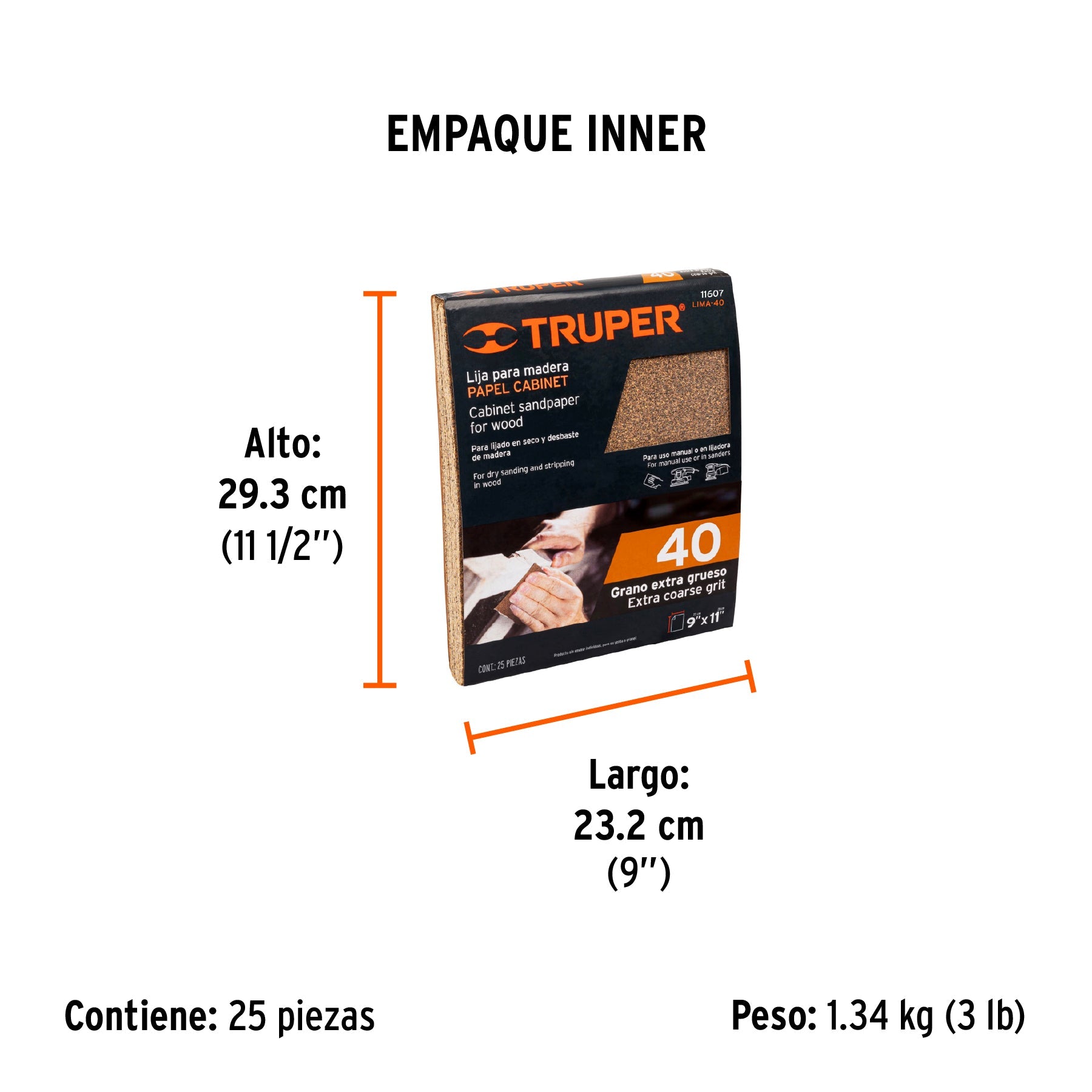 Lija para madera papel cabinet, grano 40, TRUPER - Empaque