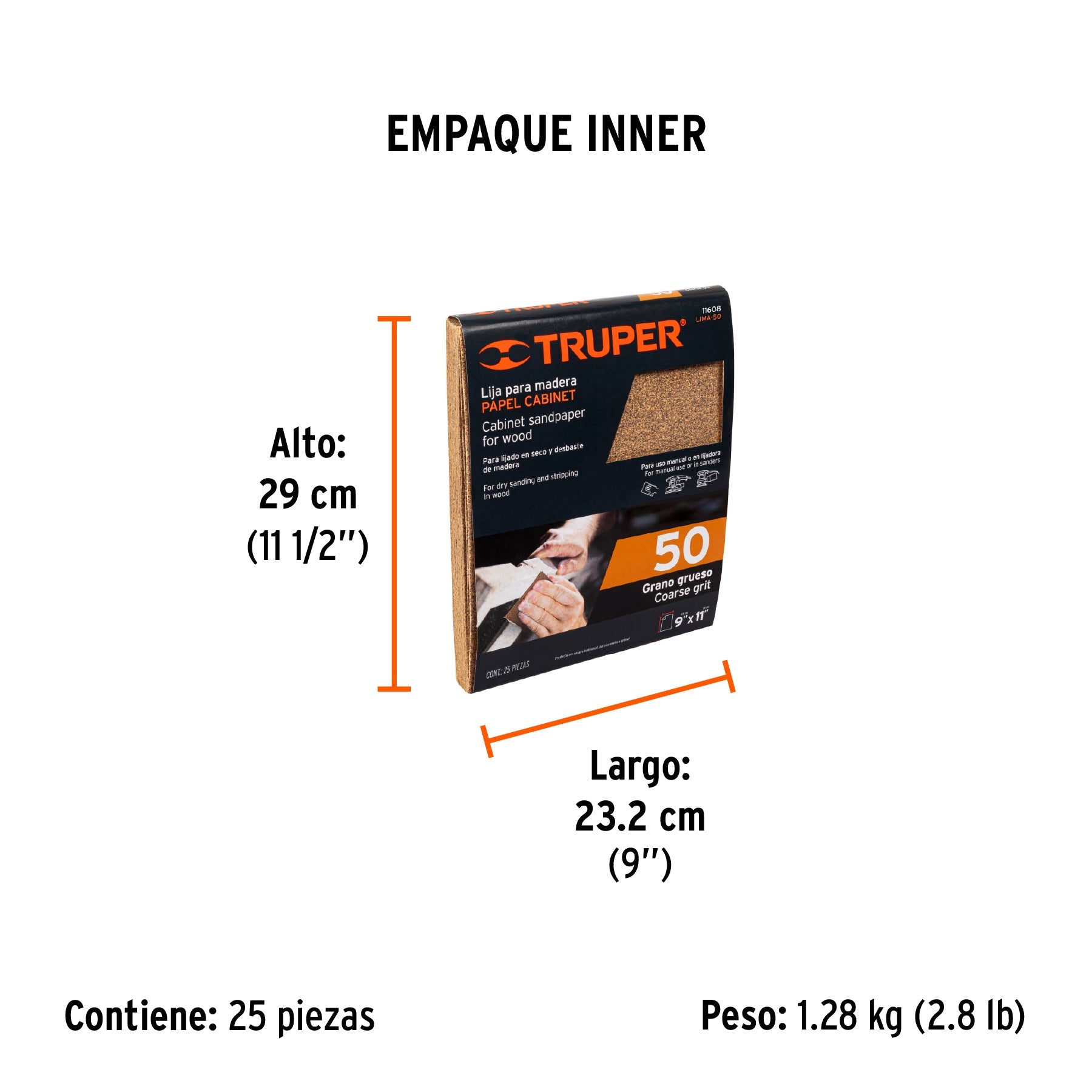 Lija para madera papel cabinet, grano 50, TRUPER - Empaque