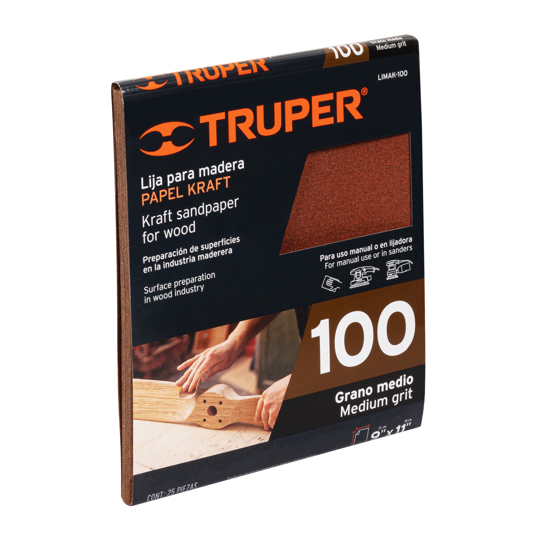 Lija para madera, papel kraft, grano 100, TRUPER