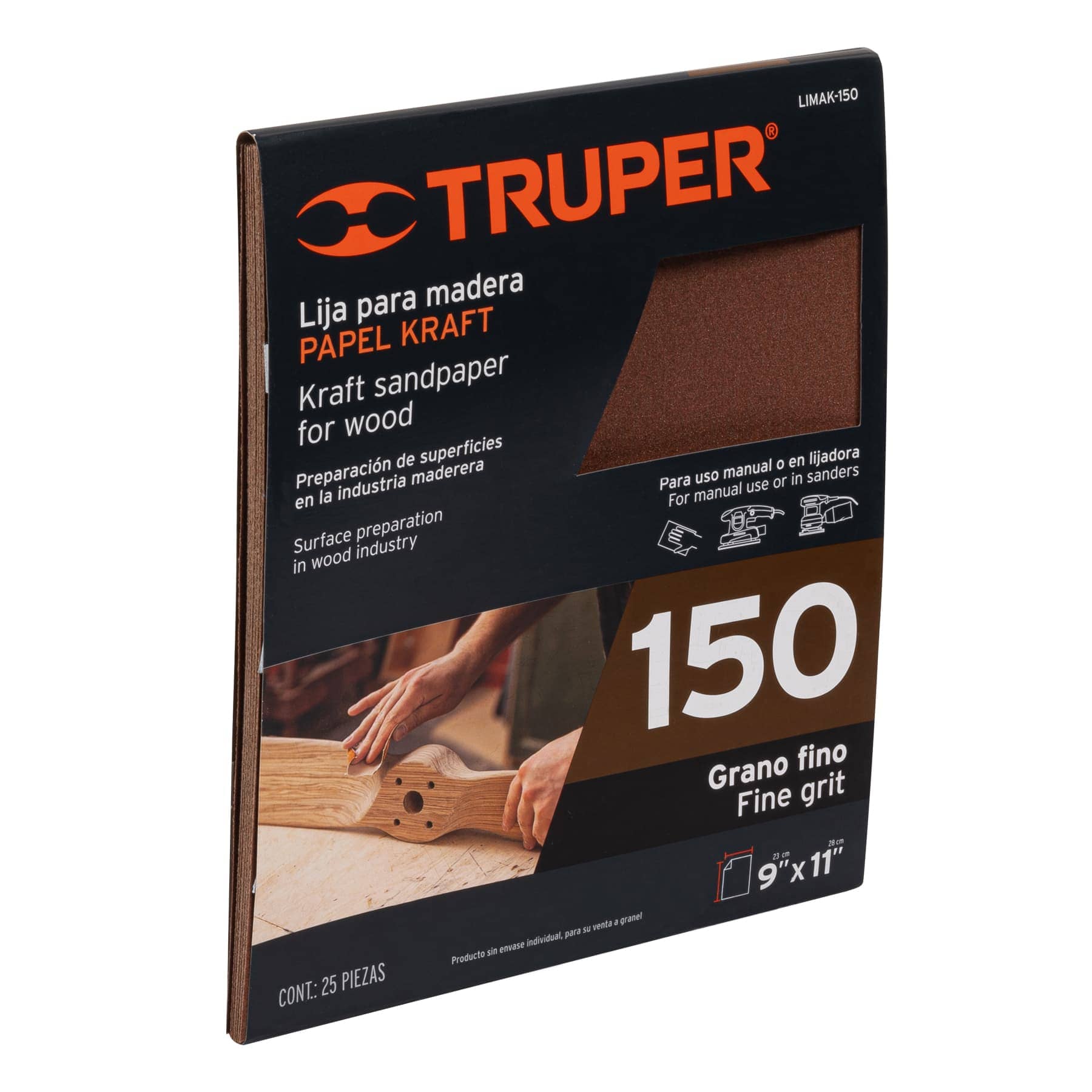 Lija para madera, papel kraft, grano 150, TRUPER
