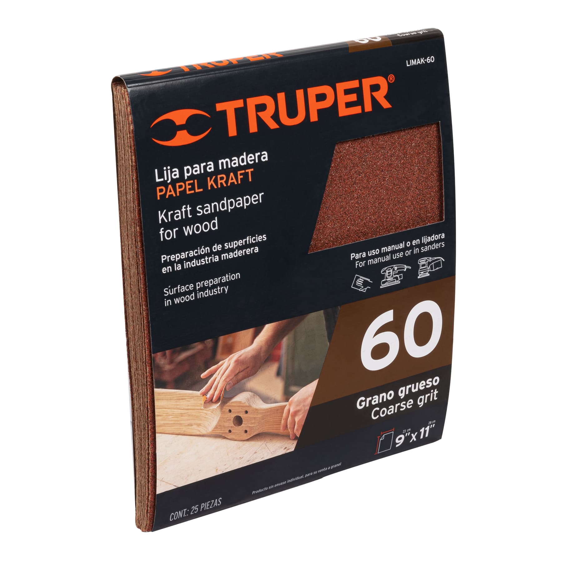 Lija para madera, papel kraft, grano 60, TRUPER