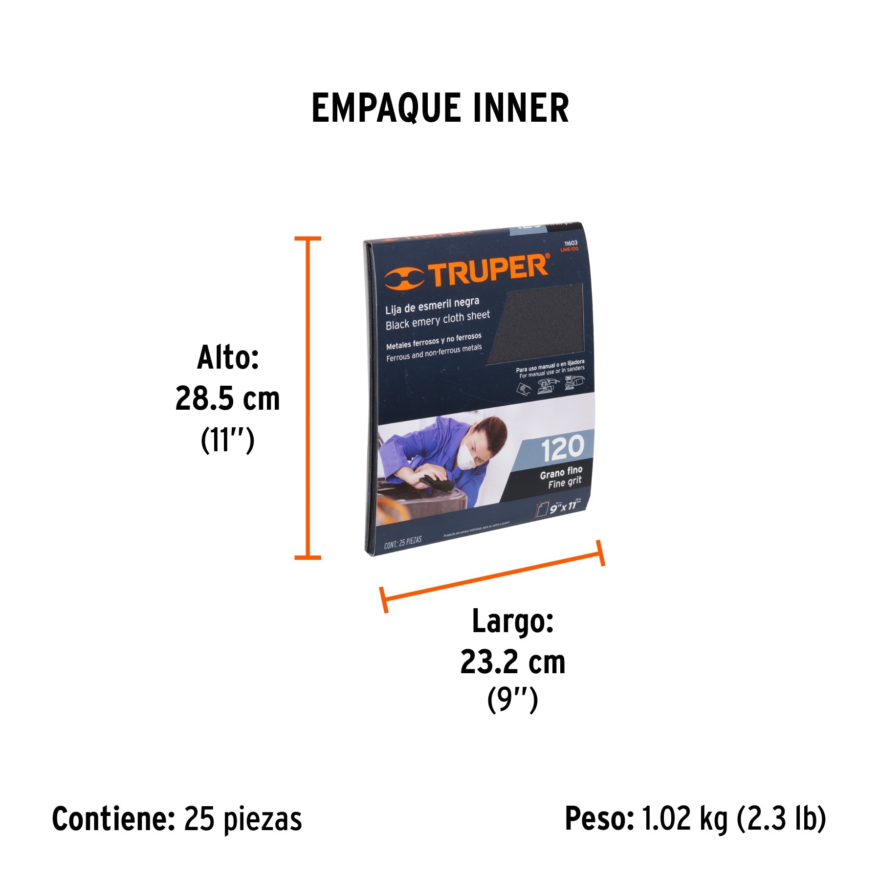 Lija de esmeril negra grano 120 de óxido de aluminio, TRUPER - Empaque