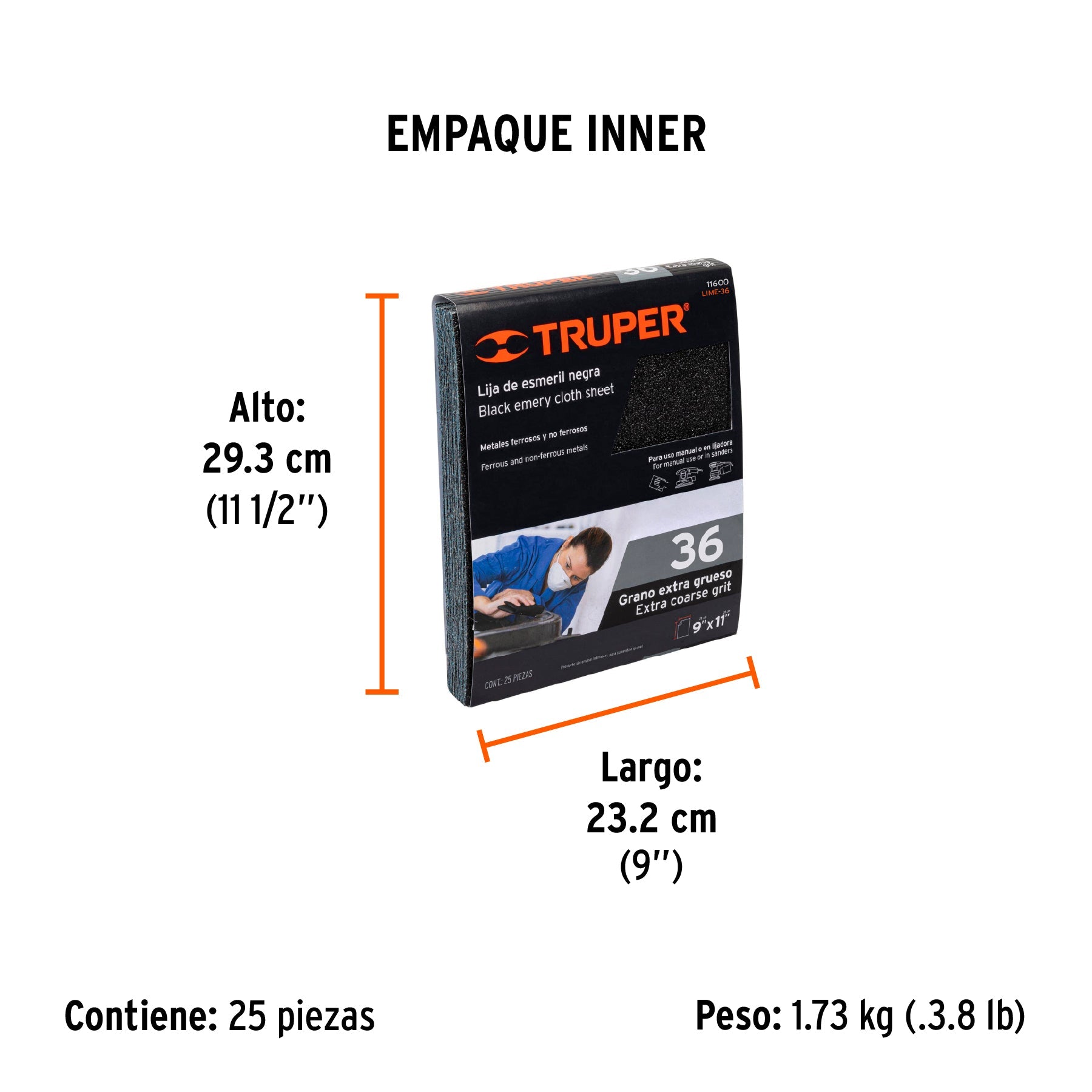 Lija de esmeril negra grano 36 de óxido de aluminio, TRUPER - Empaque