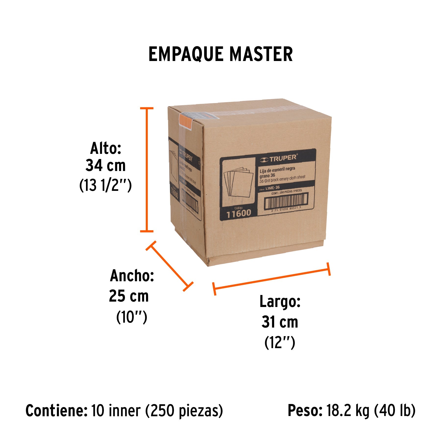 Lija de esmeril negra grano 36 de óxido de aluminio, TRUPER - Empaque