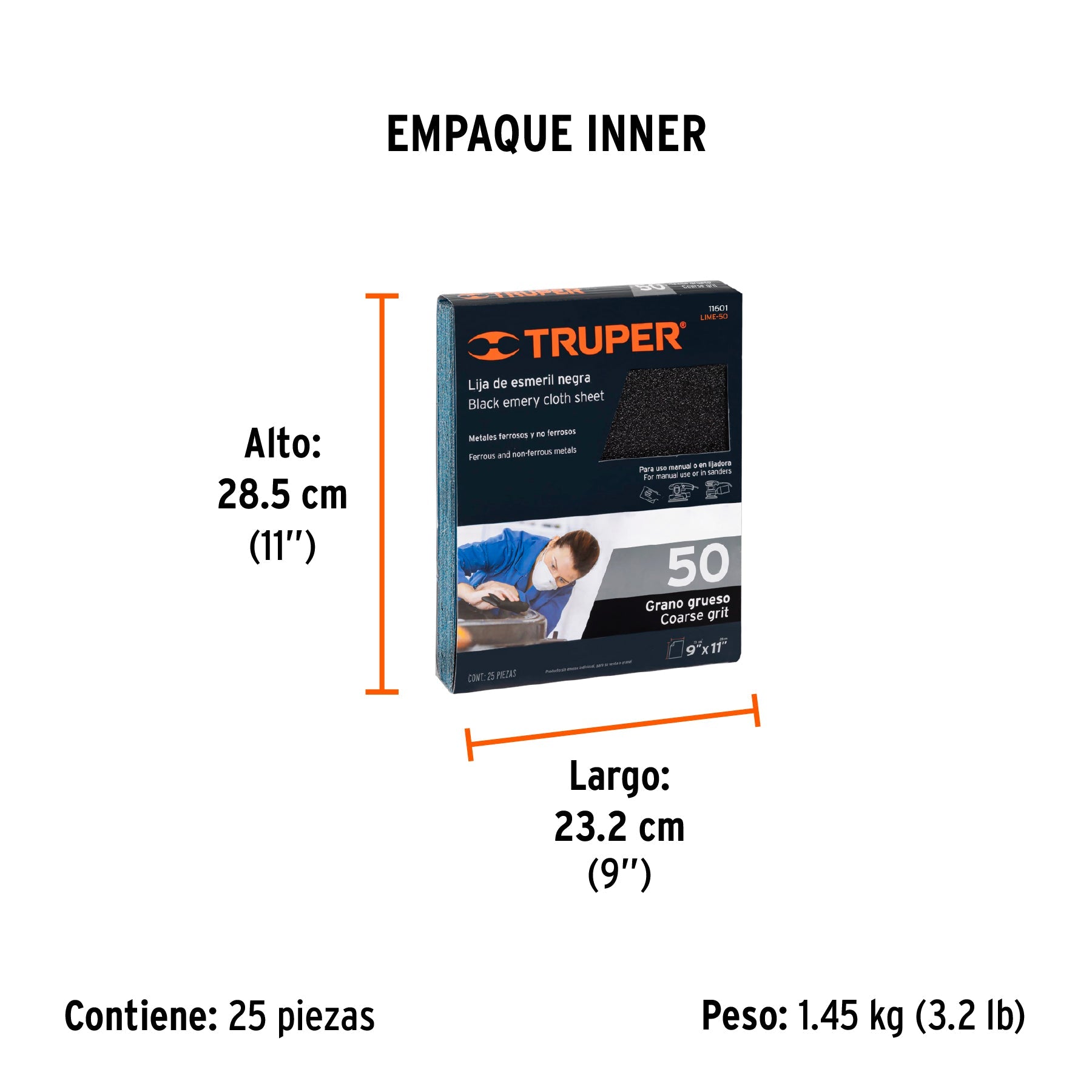 Lija de esmeril negra grano 50 de óxido de aluminio, TRUPER - Empaque